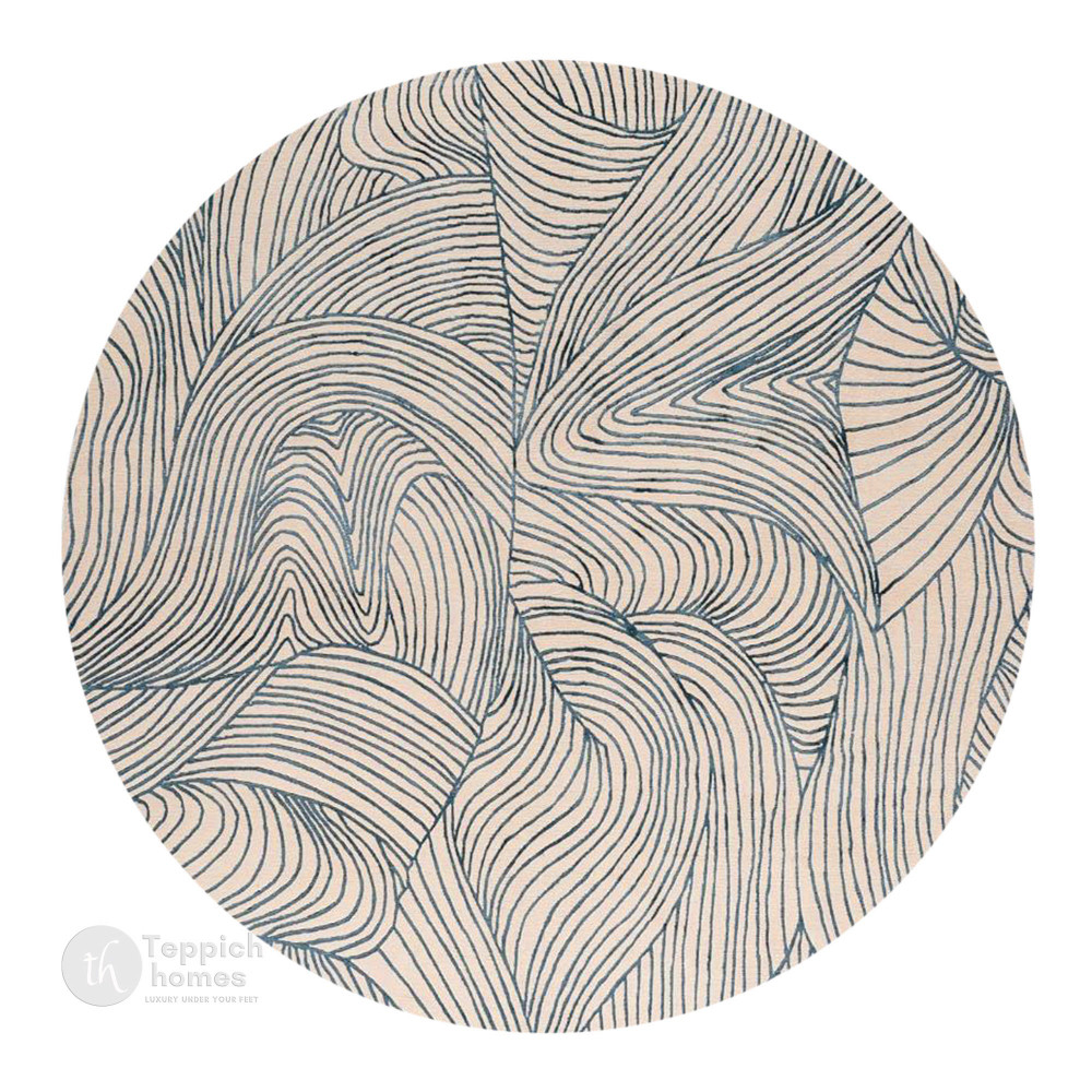 Image of Hand Tufted, Round Blue Rug, Striped Design, Living Room Rug, 8x8, 9x9, 10x10, 11x11