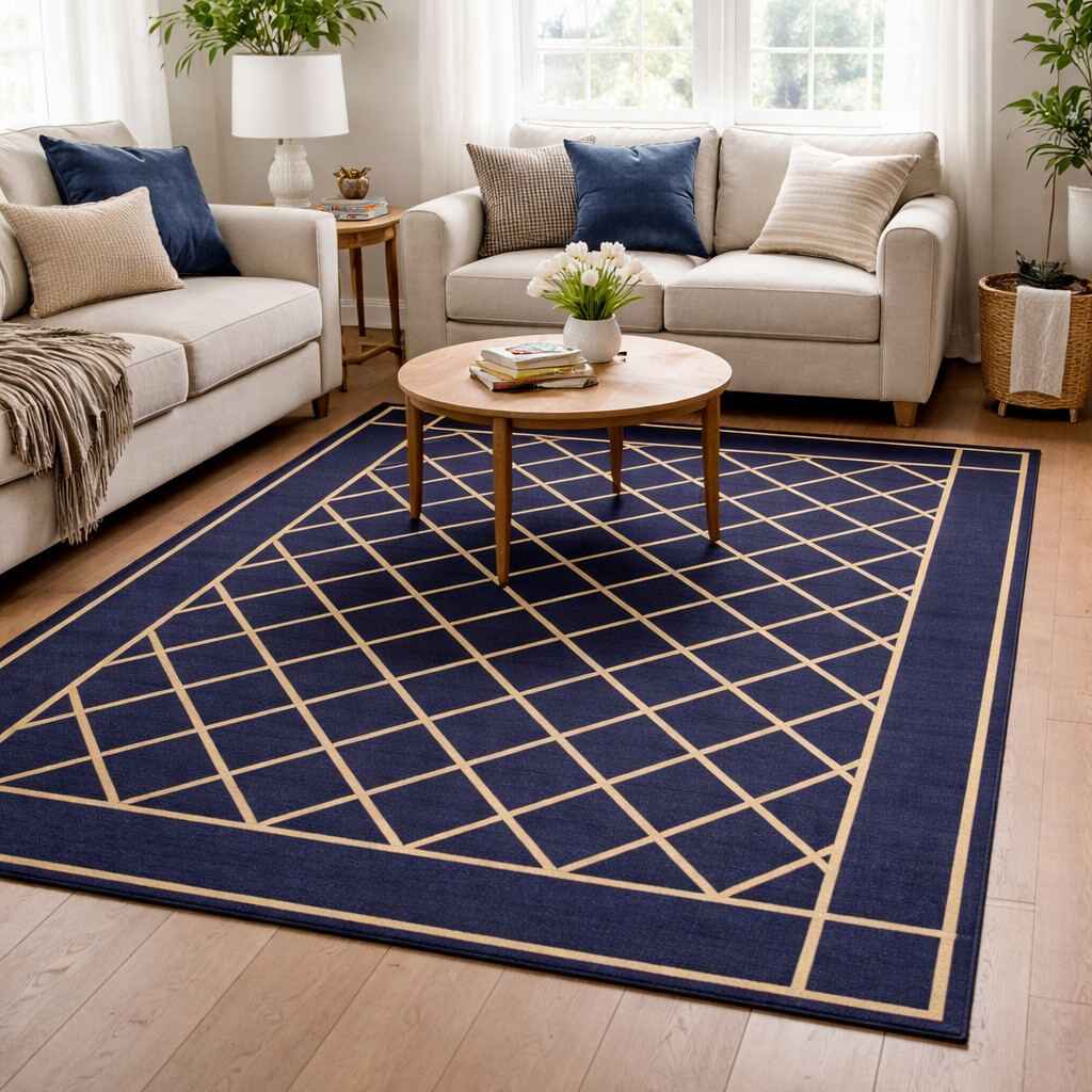 Classic Navy Grid Pattern Rug