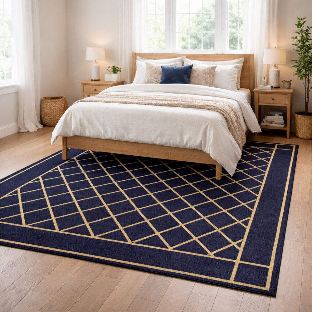 Image of Classic Navy Grid Pattern Rug