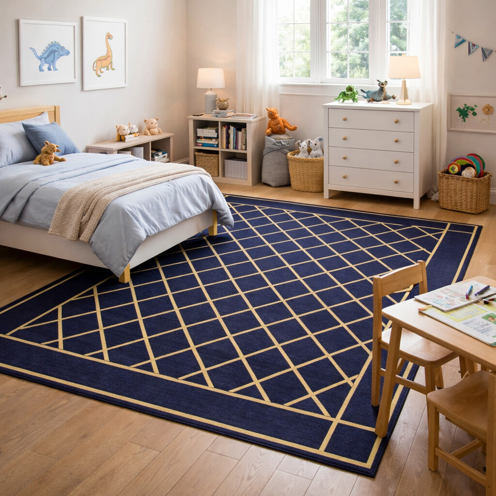 Classic Navy Grid Pattern Rug
