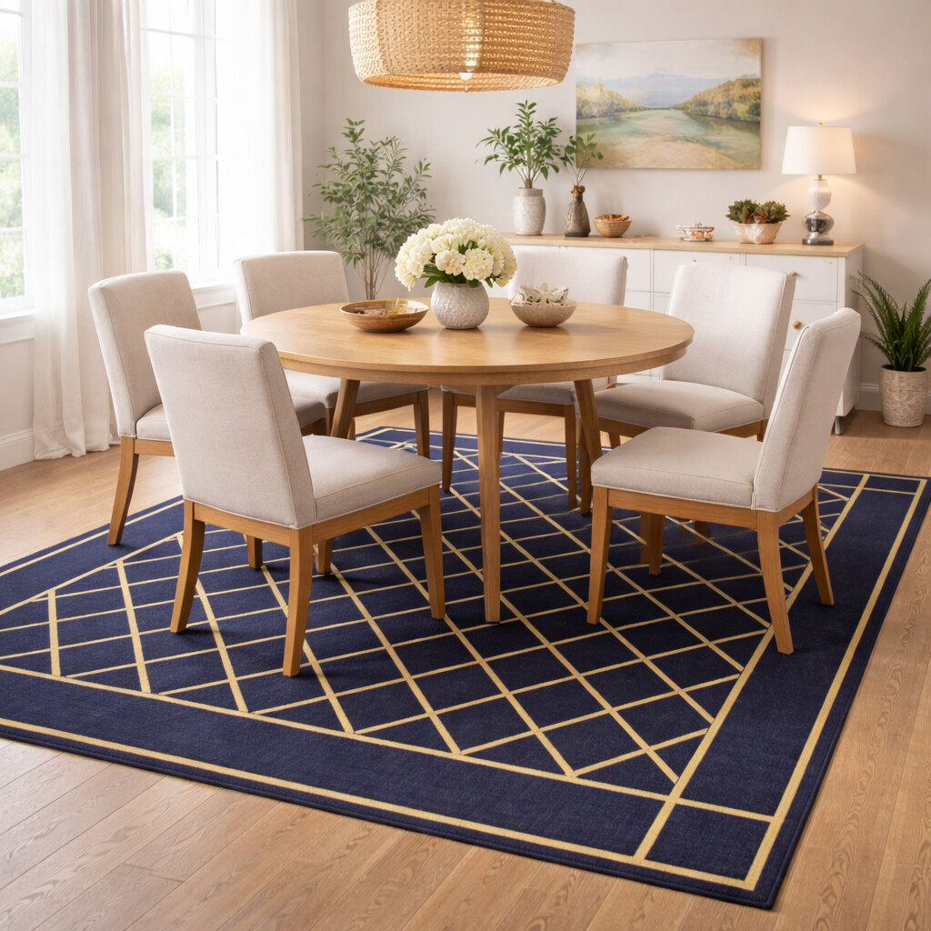 Classic Navy Grid Pattern Rug