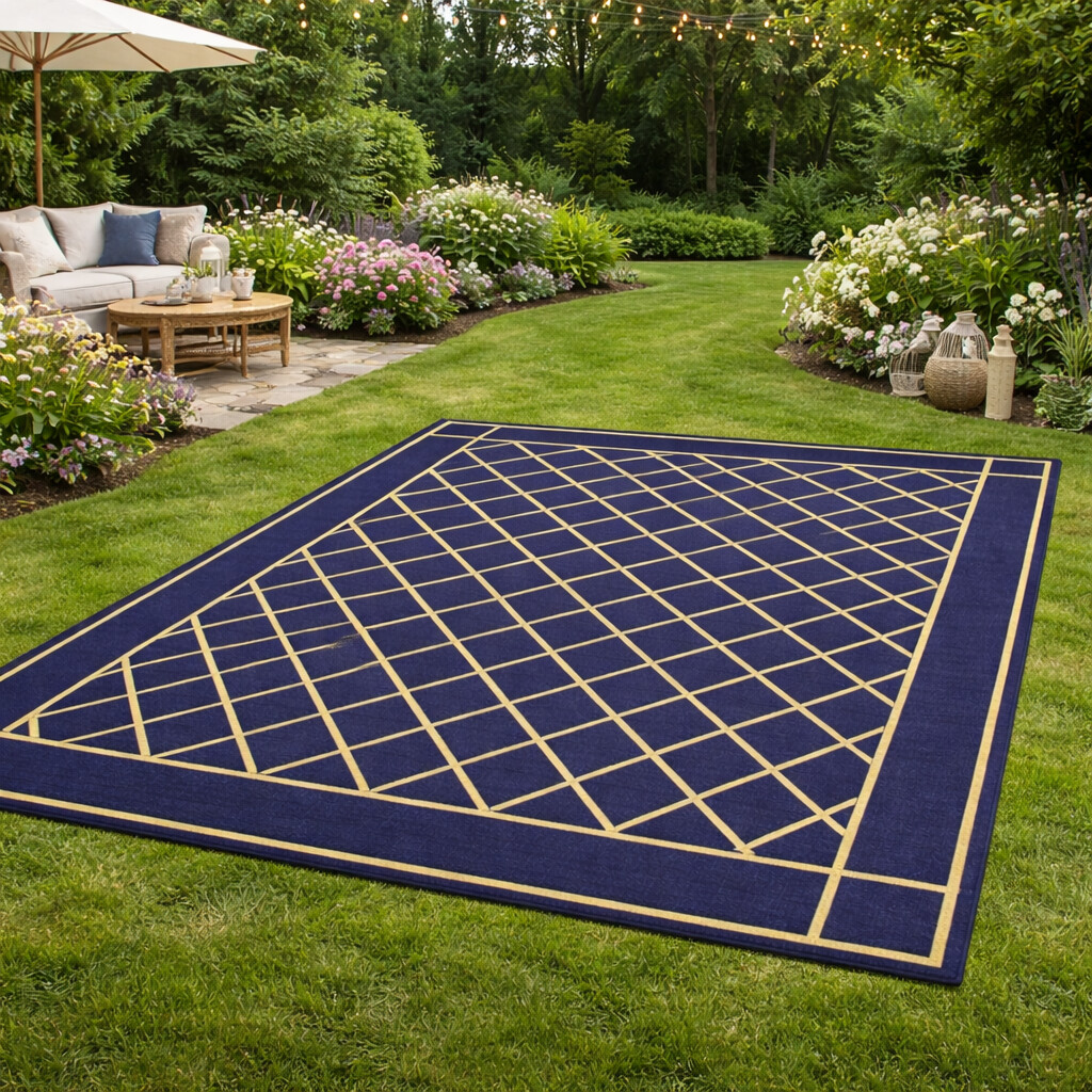 Classic Navy Grid Pattern Rug