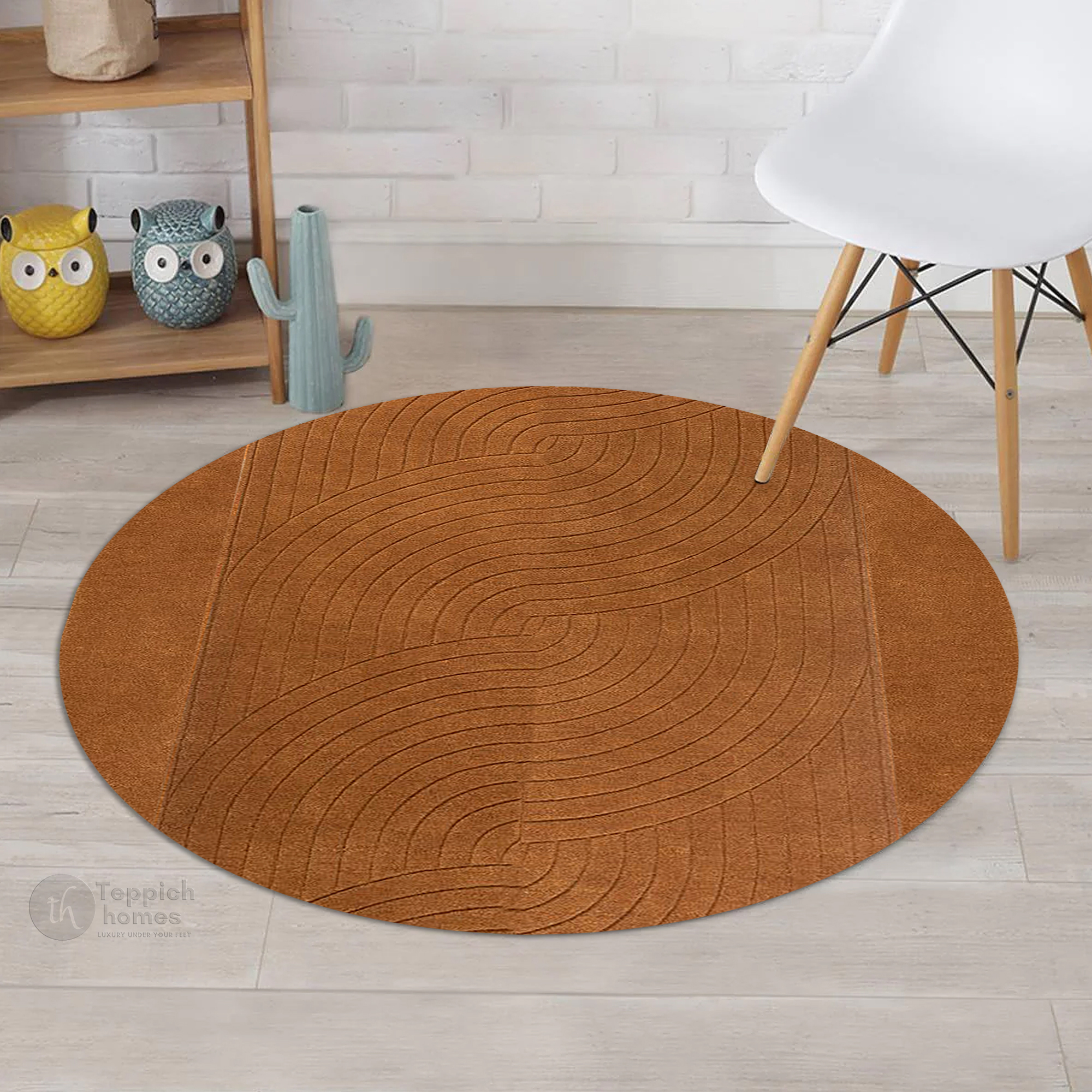 Tufted Round Wool Rug Geometric Design for Dining Room Bedroom Living Room and Kitchen 7x7 9x9 11x11 13x13 Brown