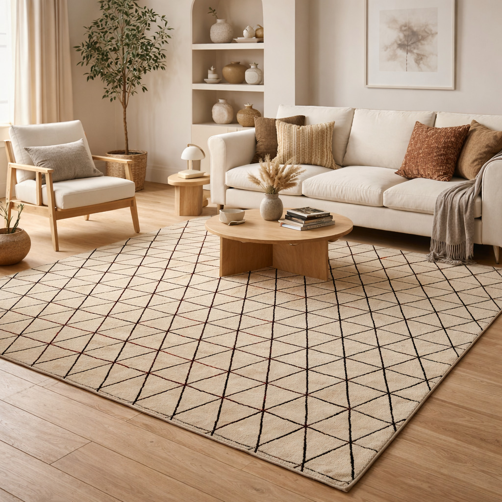 Red Rug White Line Work Contemporary Diamond Linework Rug | Hand Tufted Area Rug