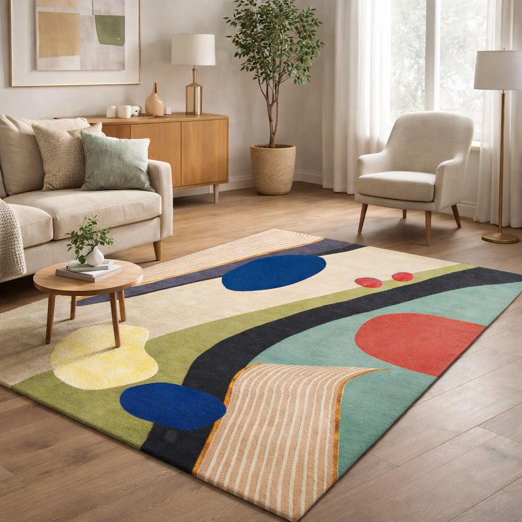 Handmade Tufted Multicolor Wool Rug for Bedroom and Living Space