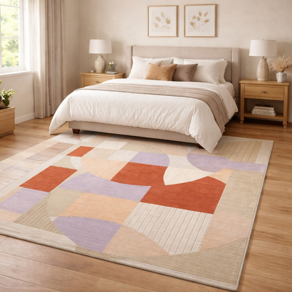 Image of Bedroom area rugs 5x8 | Geometric design | Woolen carpet 6x9 | 7x10, 8x11, 9x12, 10x13 | Tufted carpet | Handmade