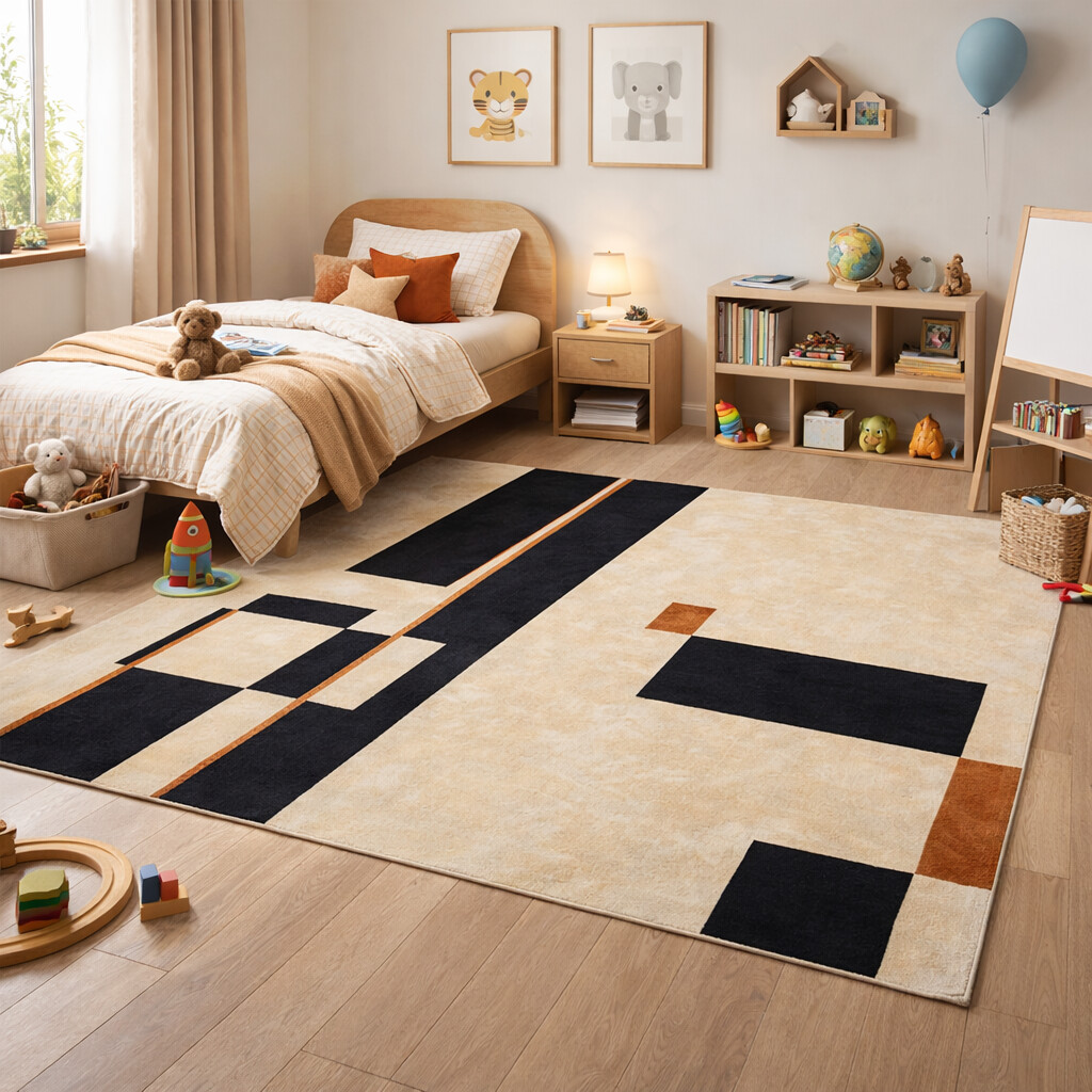 Kids room rug  Geometric design  Area rugs  5x7 6x8 8x10 9x10  Tufted carpet  Cream and Black color