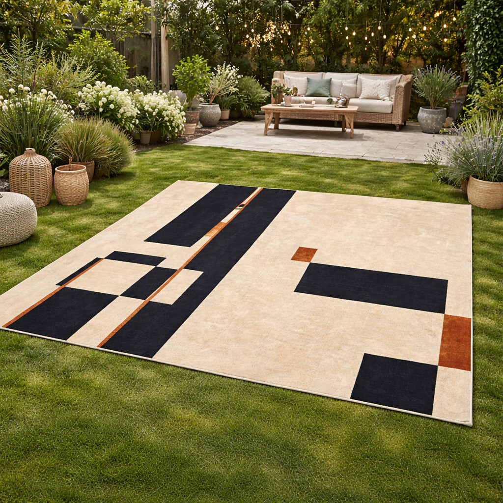 Kids room rug  Geometric design  Area rugs  5x7 6x8 8x10 9x10  Tufted carpet  Cream and Black color