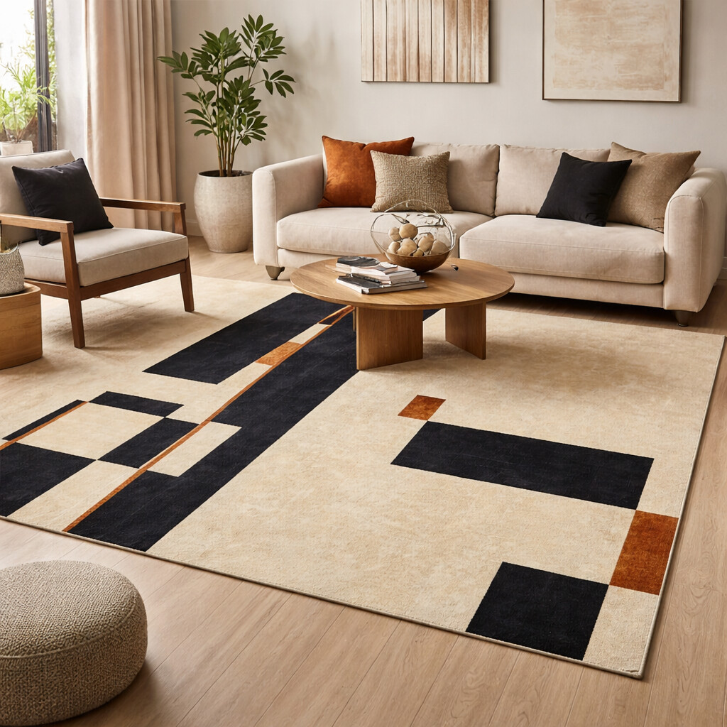 Kids room rug  Geometric design  Area rugs  5x7 6x8 8x10 9x10  Tufted carpet  Cream and Black color