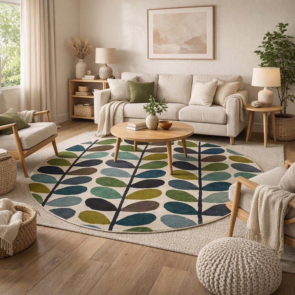 Natures Canvas Hand-Tufted Abstract Multicolor Leaf Design Round Rug