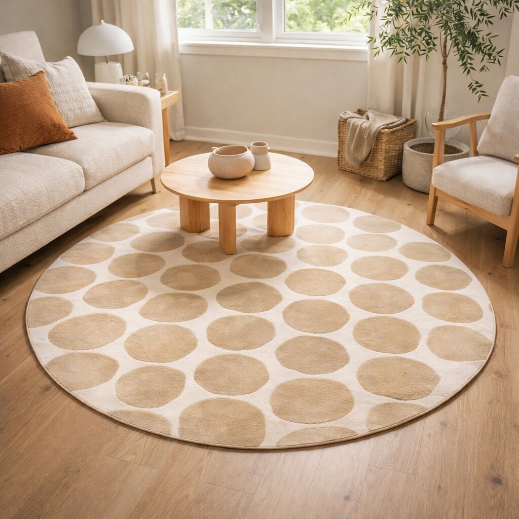 Round Cream and Beige Abstract Rug  Circularity Artistry Hand Tufted Rug