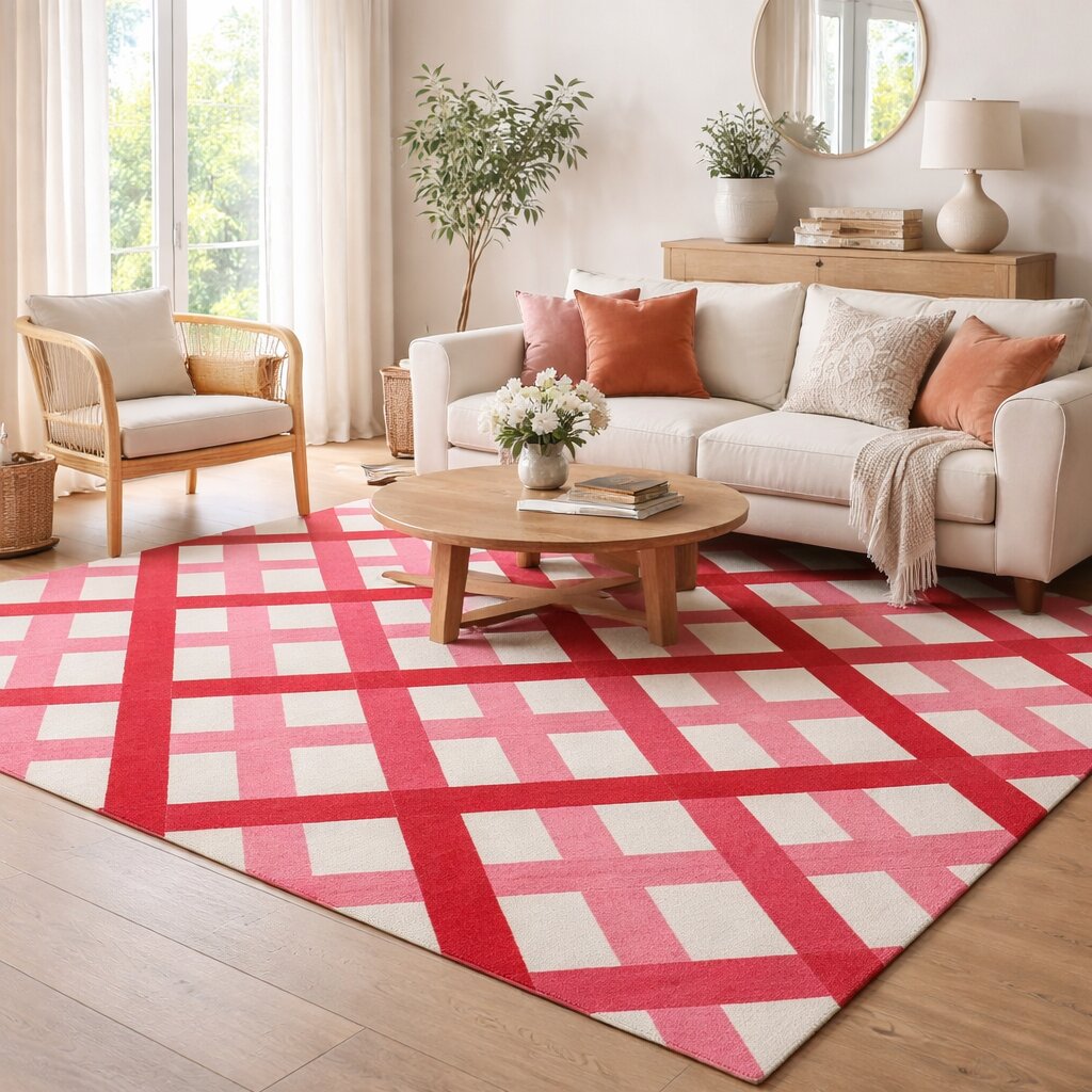 White and Pink rugs 6x10 8x10 9x12 10x13 Checkered carpet Hand tufted rugs Dining Living room
