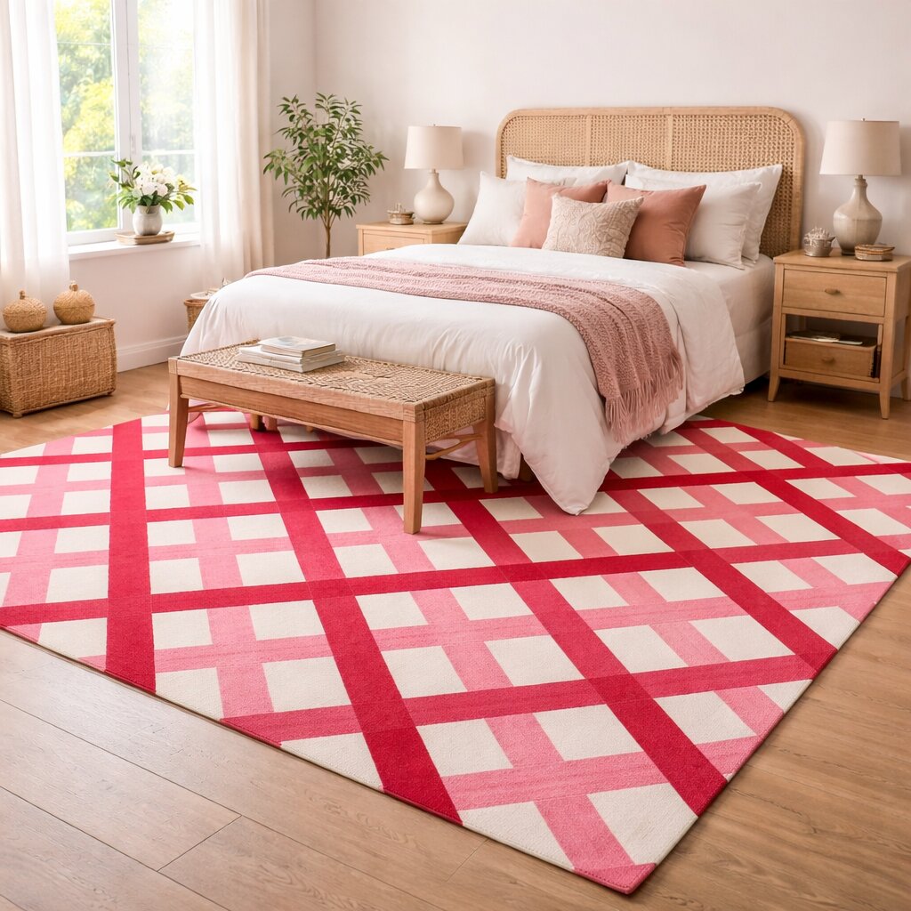 White and Pink rugs 6x10 8x10 9x12 10x13 Checkered carpet Hand tufted rugs Dining Living room