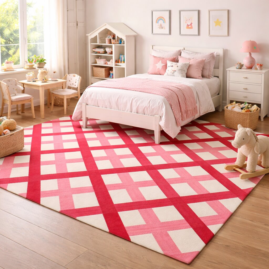 White and Pink rugs 6x10 8x10 9x12 10x13 Checkered carpet Hand tufted rugs Dining Living room