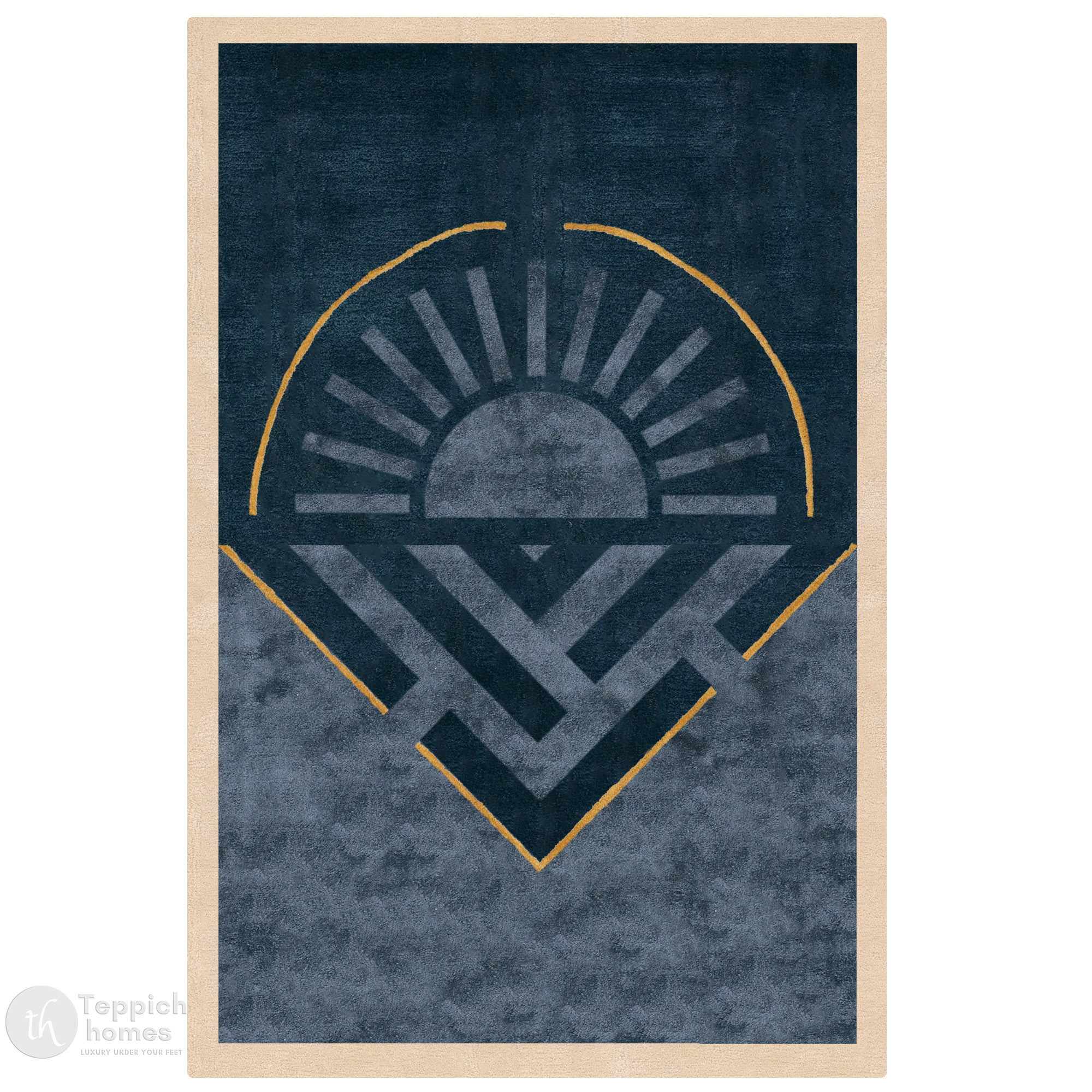 Blue Handmade Wool Rug Modern Geometric Carpet with Sun Design Living Room and Bedroom Area Rug