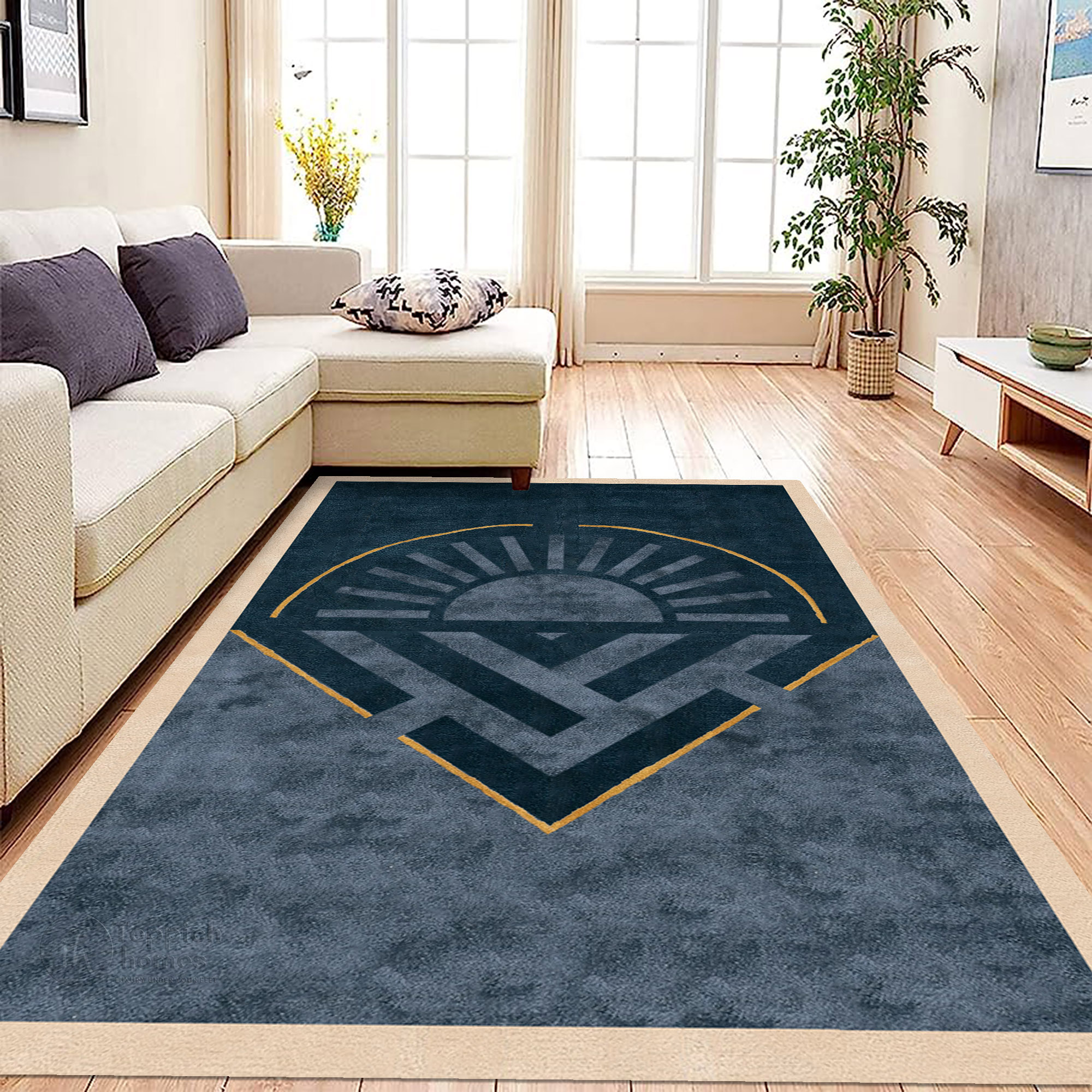Blue Handmade Wool Rug Modern Geometric Carpet with Sun Design Living Room and Bedroom Area Rug