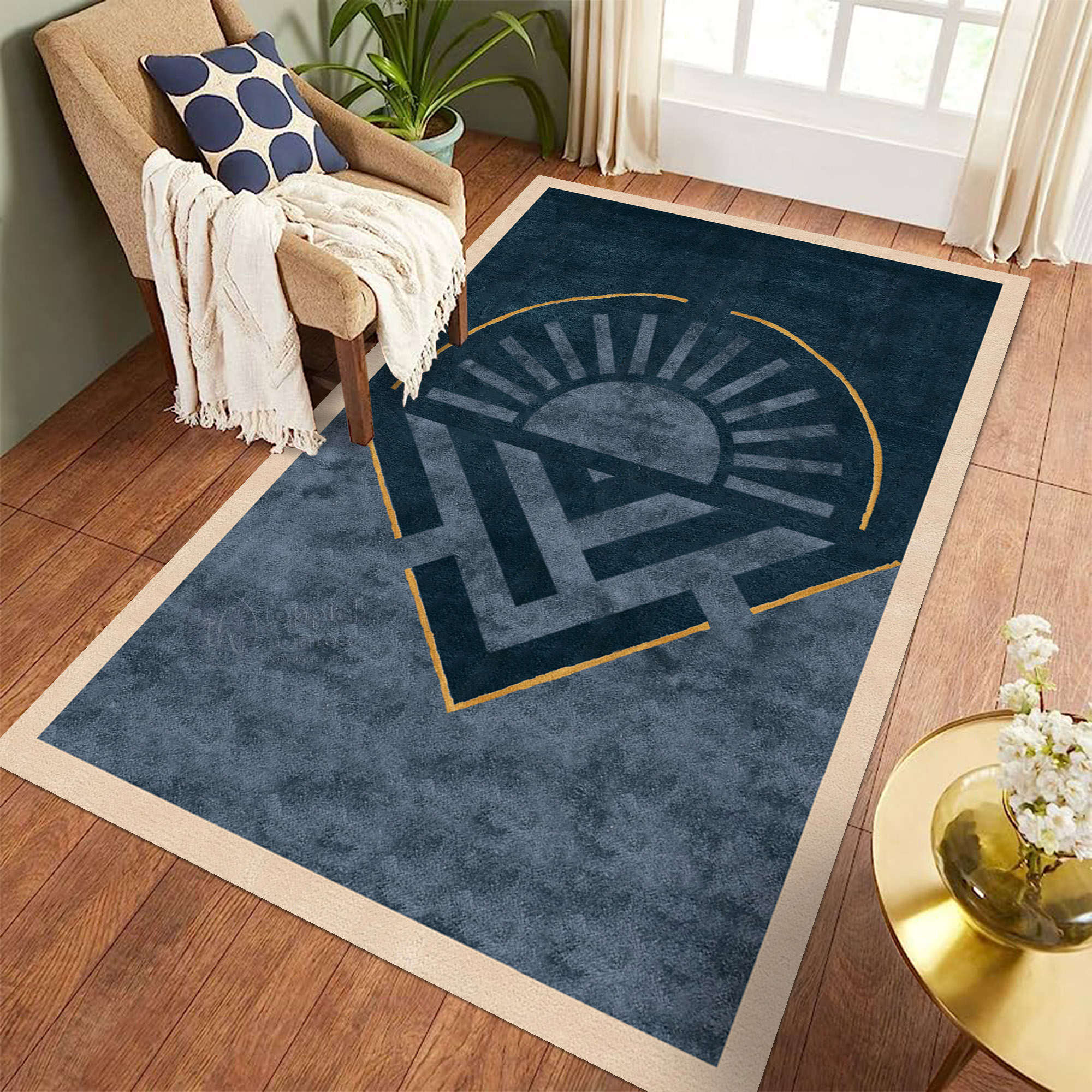 Blue Handmade Wool Rug Modern Geometric Carpet with Sun Design Living Room and Bedroom Area Rug