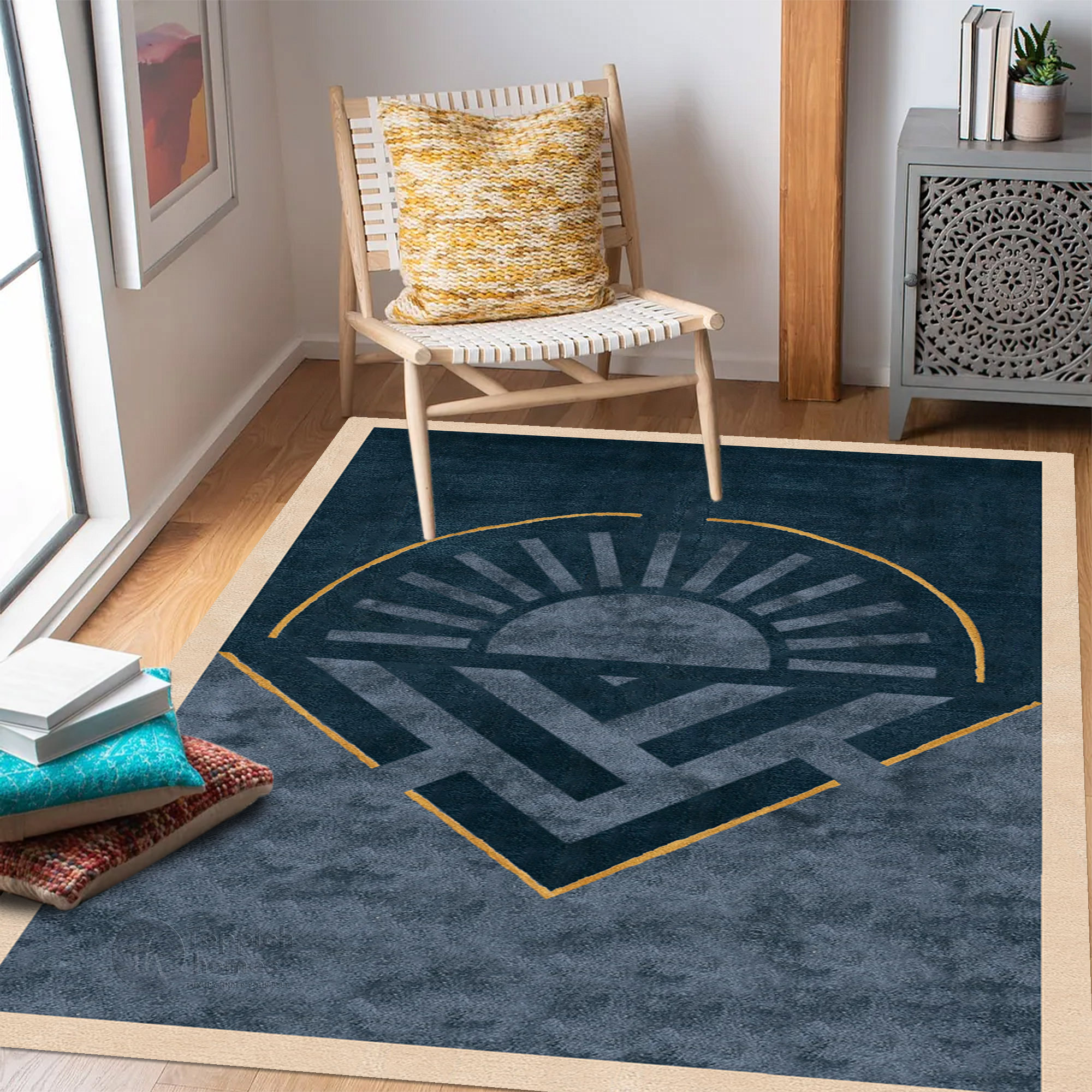Blue Handmade Wool Rug Modern Geometric Carpet with Sun Design Living Room and Bedroom Area Rug