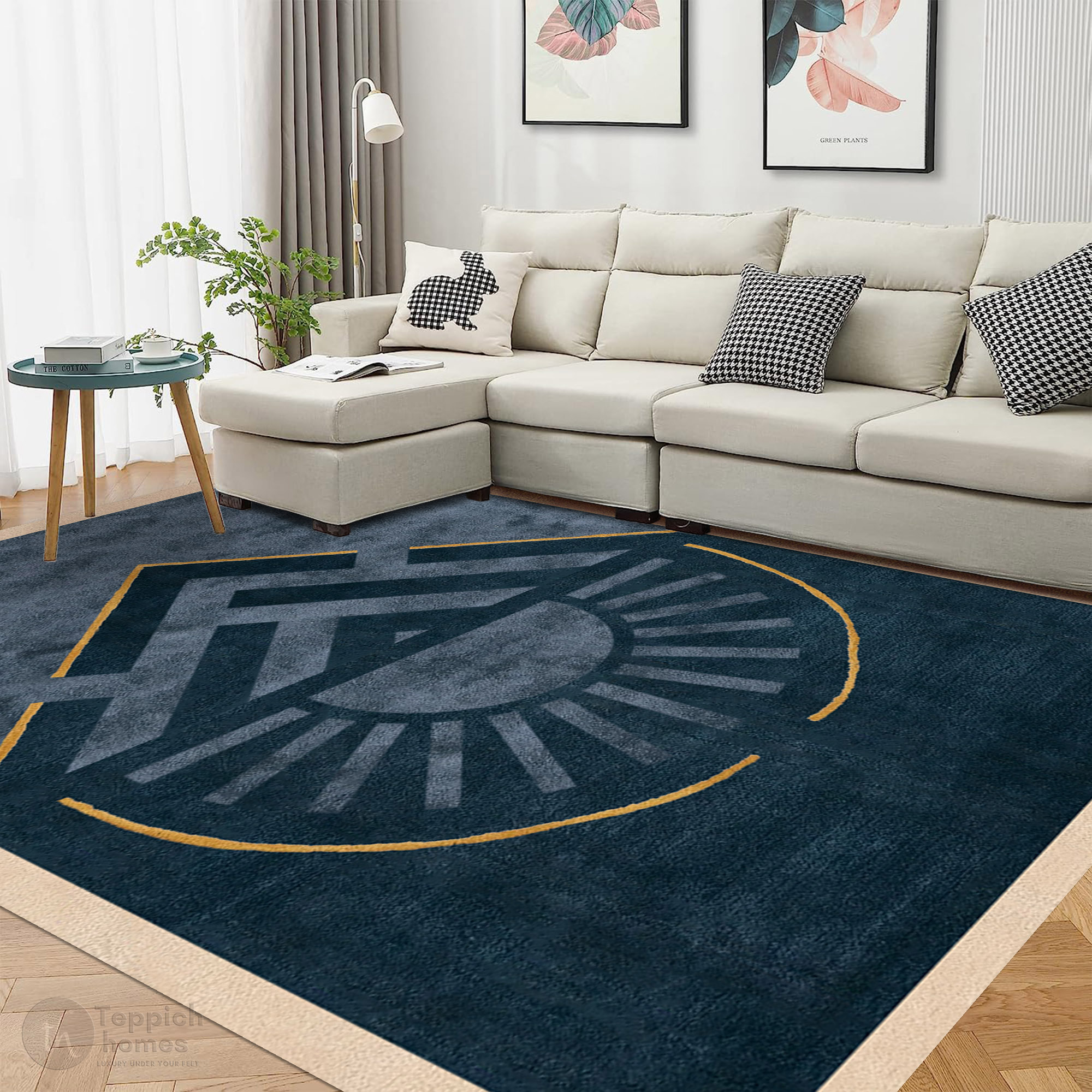 Blue Handmade Wool Rug Modern Geometric Carpet with Sun Design Living Room and Bedroom Area Rug