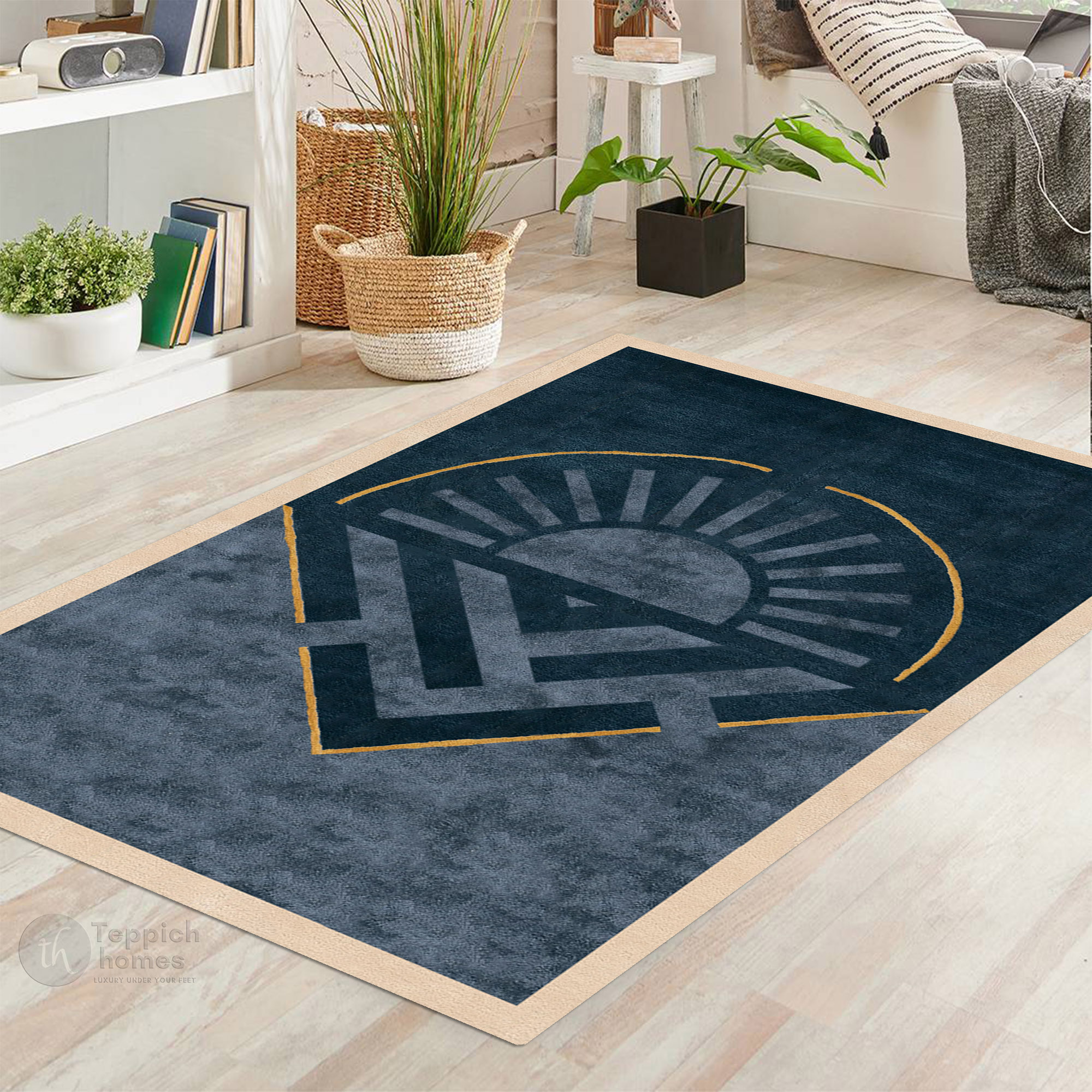 Blue Handmade Wool Rug Modern Geometric Carpet with Sun Design Living Room and Bedroom Area Rug