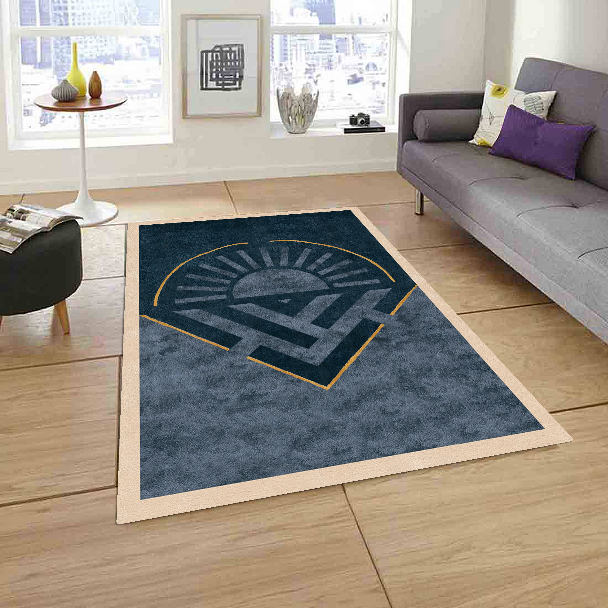 Blue Handmade Wool Rug Modern Geometric Carpet with Sun Design Living Room and Bedroom Area Rug