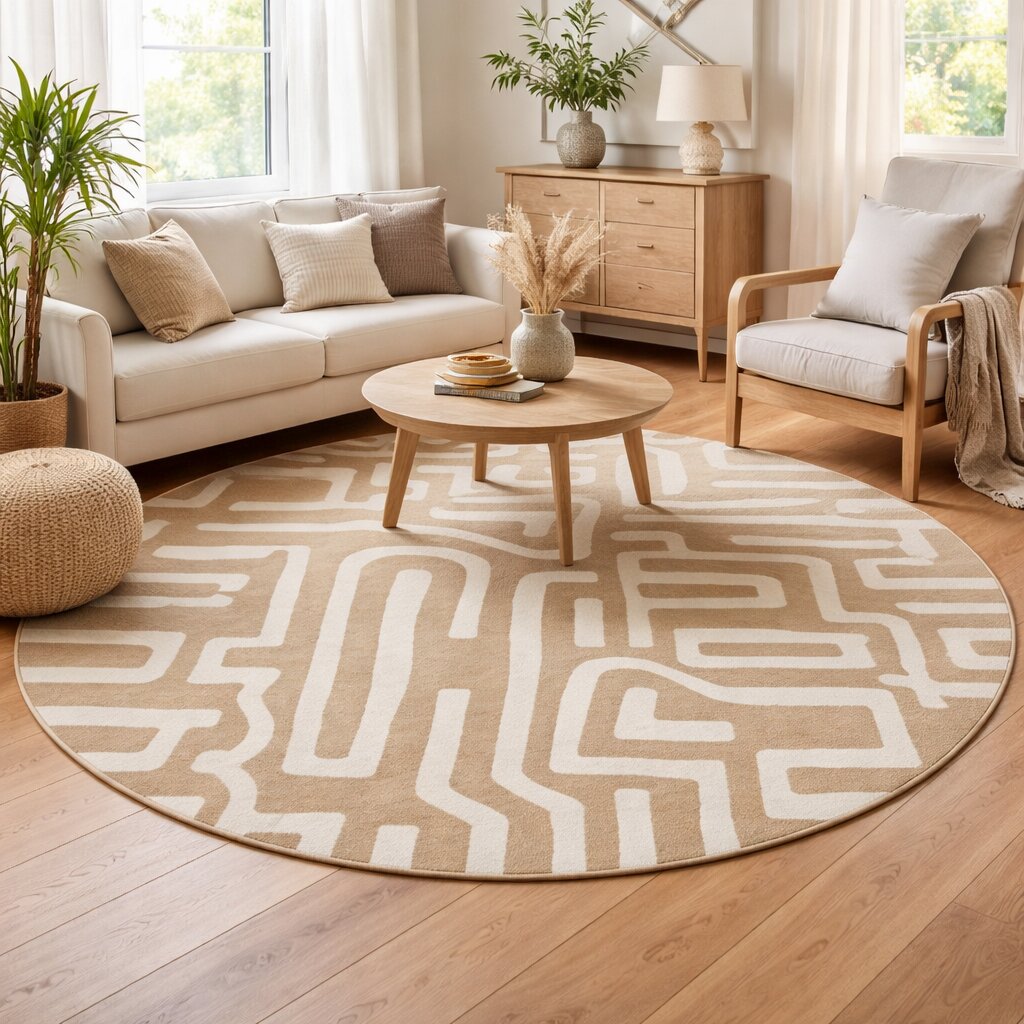 Hand Tufted Circle Rug 8x8 9x9 10x10 11x11 Beige Color Contemporary Carpet Dinning Room