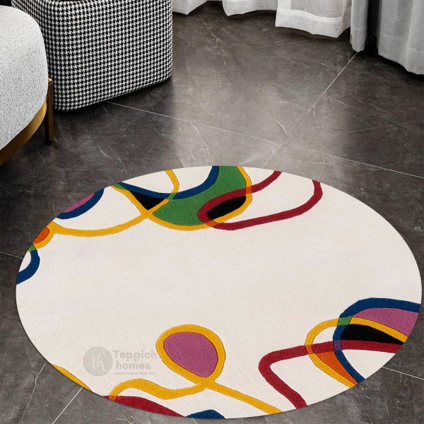 White Base Colorful Lining Round Rug for Bedroom and Living Space