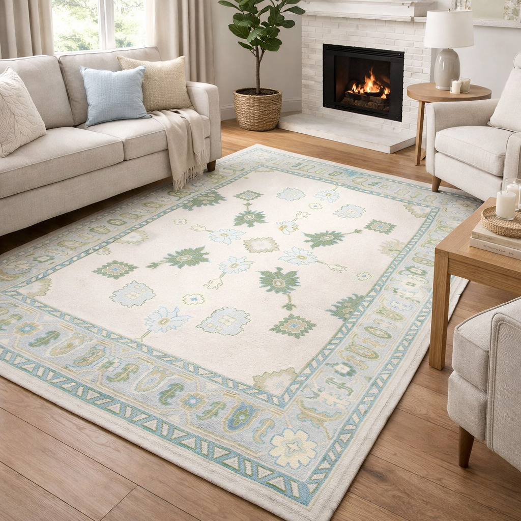 Area rug Ivory color 6x9 6x8 5x8 Oushak knotted wool rugs Geometric design Bed Kids Living room Rectangle shape