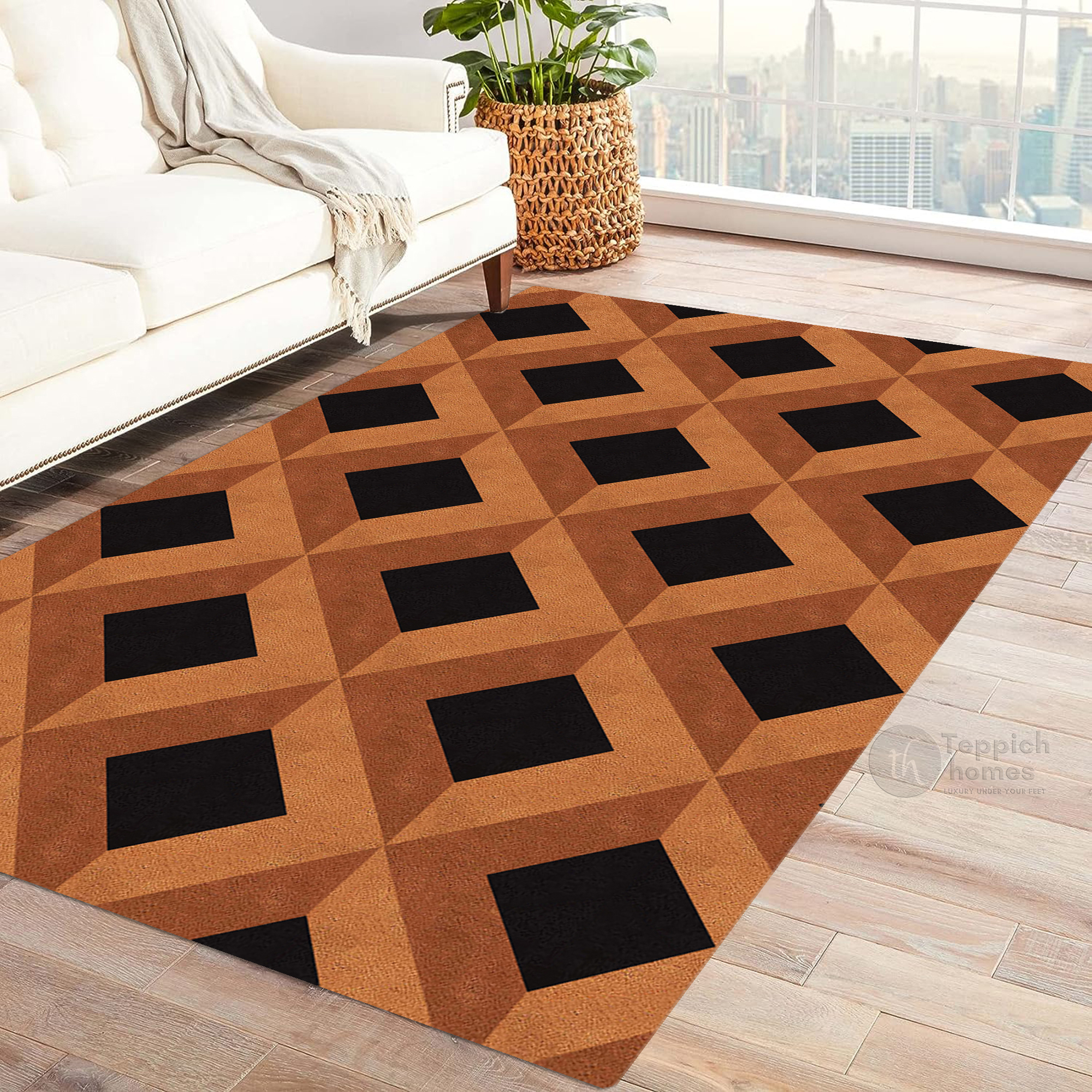 Brown Geometric Wool Rug Handmade Tufted Carpet Modern Area Rug for Living Room and Bedroom