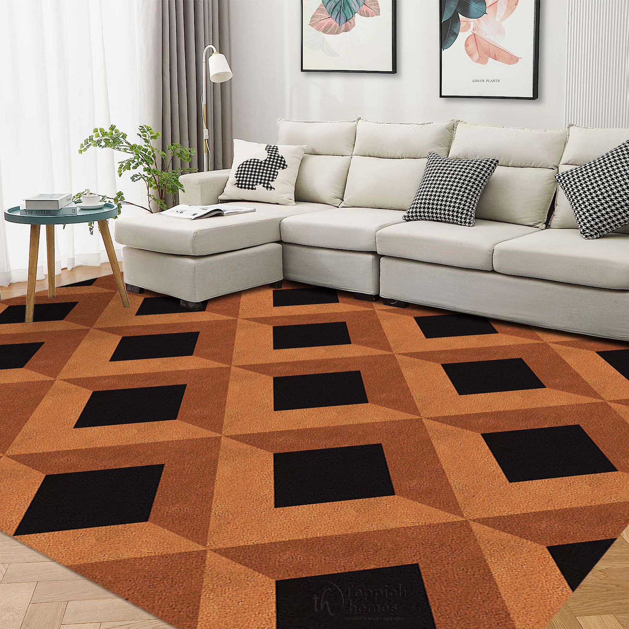 Brown Geometric Wool Rug Handmade Tufted Carpet Modern Area Rug for Living Room and Bedroom
