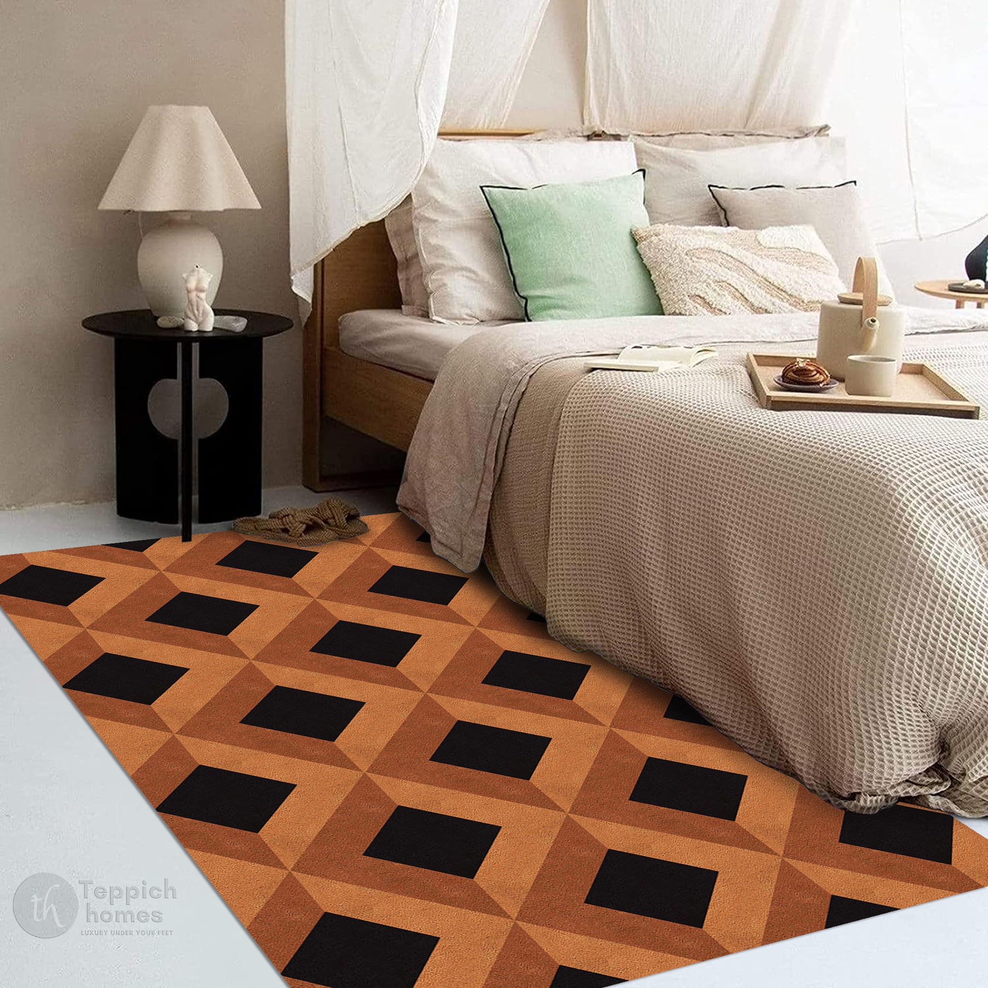 Brown Geometric Wool Rug Handmade Tufted Carpet Modern Area Rug for Living Room and Bedroom