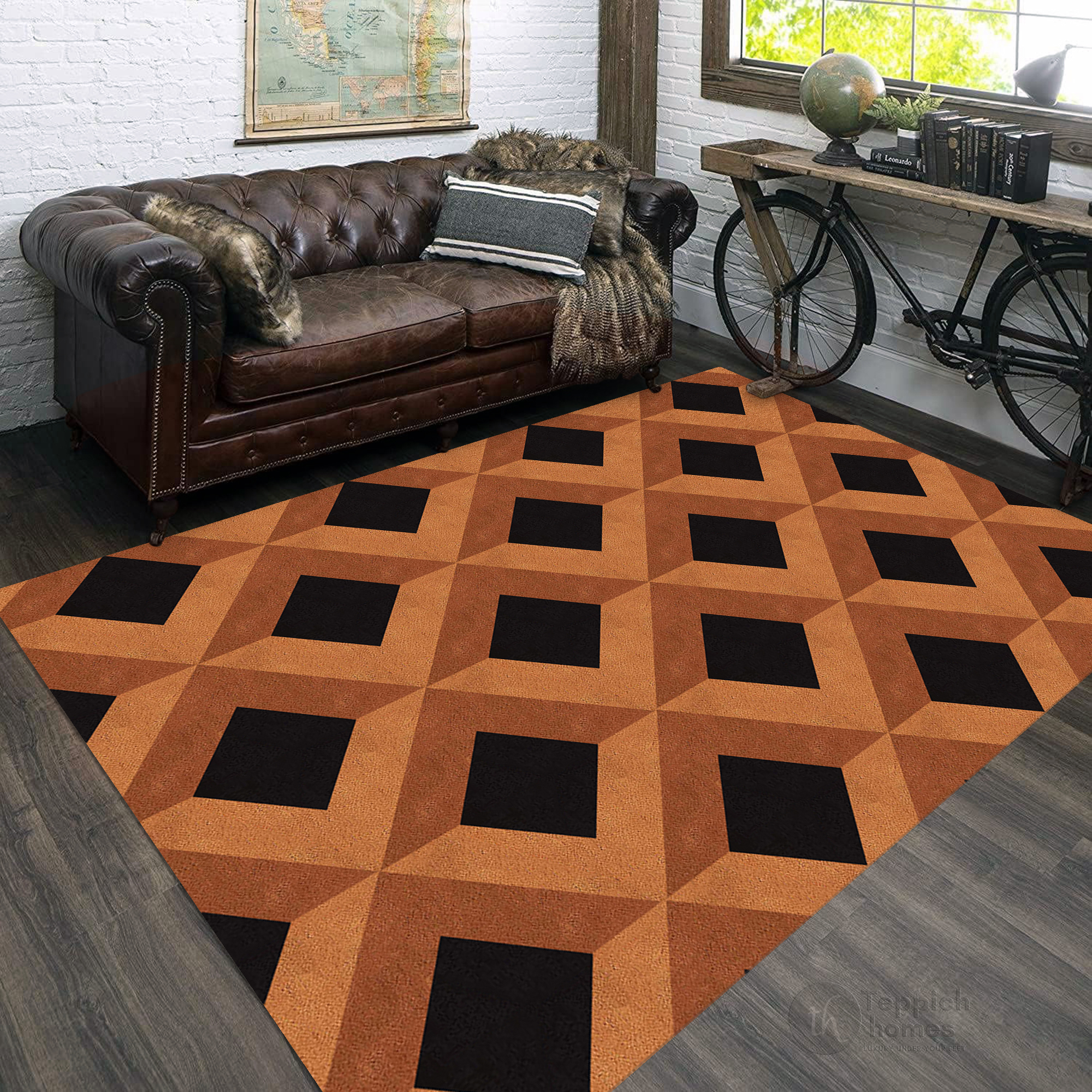 Brown Geometric Wool Rug Handmade Tufted Carpet Modern Area Rug for Living Room and Bedroom