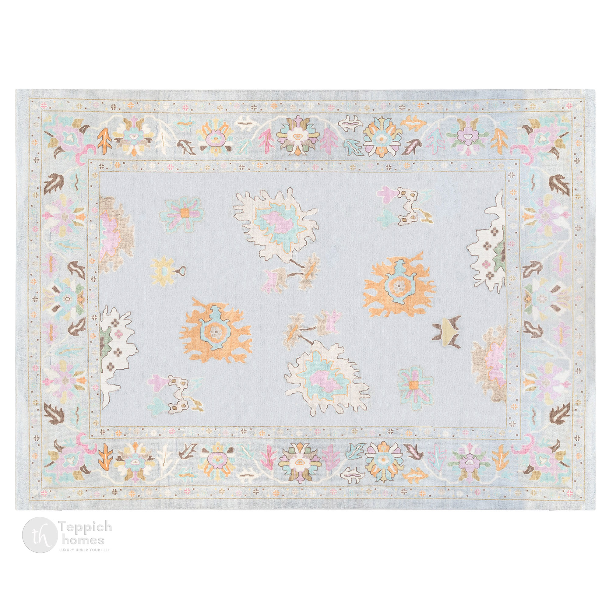 Oushak Knotted Area Rug Hand Knitted Light Blue Carpets in 5x7 6x10 8x11 9x12 Perfect for Kids and Living Room