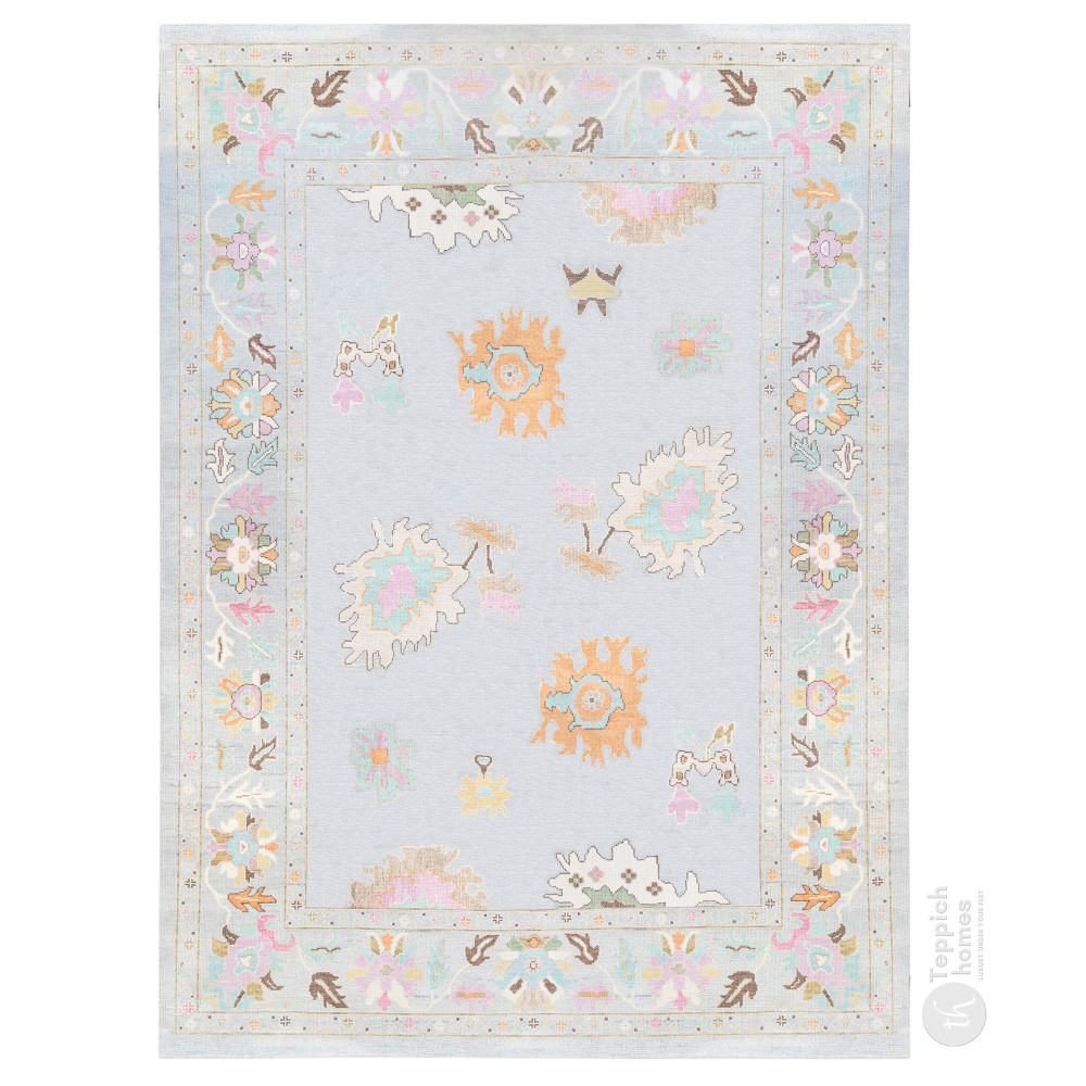 Image of Oushak Knotted Area Rug, Hand Knitted Light Blue Carpets in 5x7, 6x10, 8x11, 9x12, Perfect for Kids and Living Room