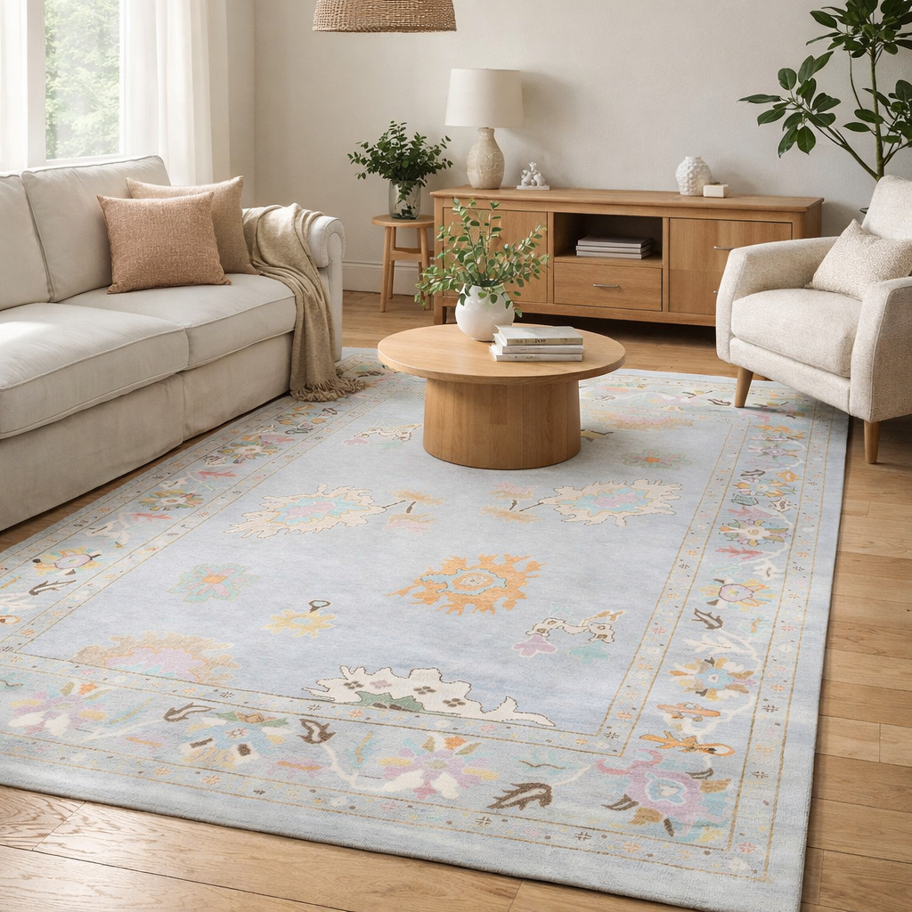 Oushak Knotted Area Rug Hand Knitted Light Blue Carpets in 5x7 6x10 8x11 9x12 Perfect for Kids and Living Room