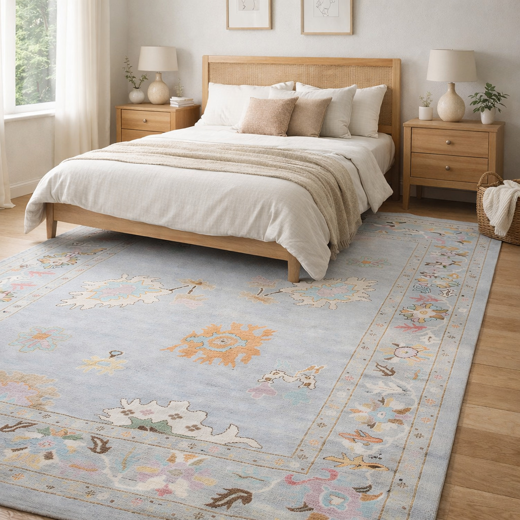 Oushak Knotted Area Rug Hand Knitted Light Blue Carpets in 5x7 6x10 8x11 9x12 Perfect for Kids and Living Room