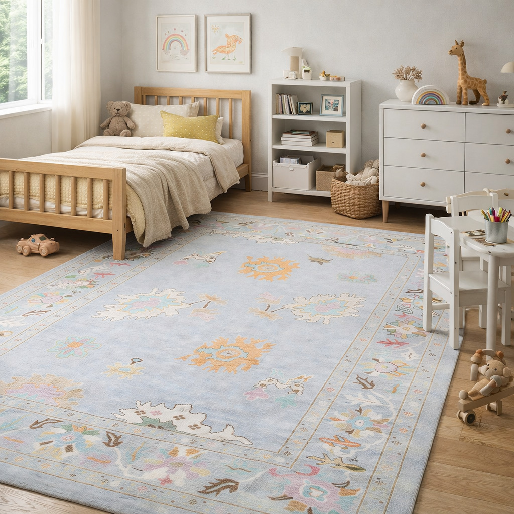 Oushak Knotted Area Rug Hand Knitted Light Blue Carpets in 5x7 6x10 8x11 9x12 Perfect for Kids and Living Room