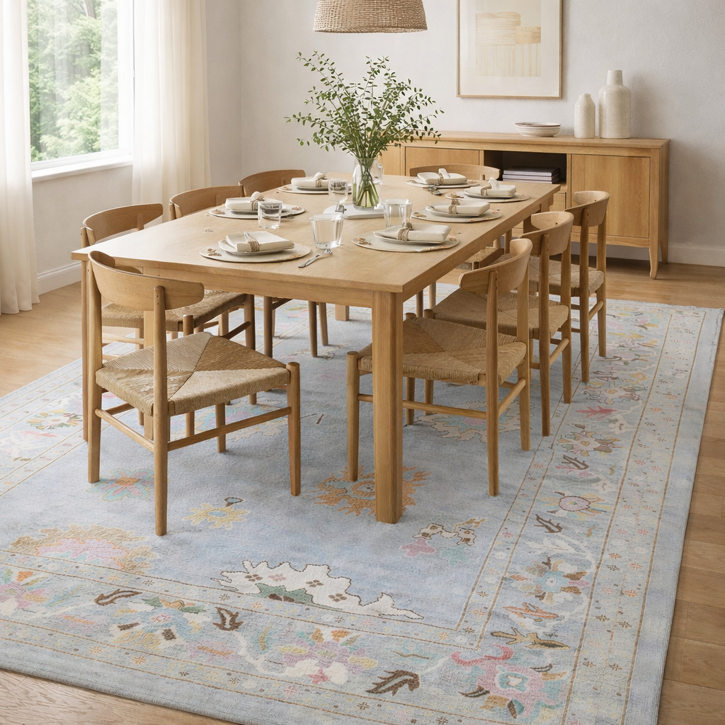 Oushak Knotted Area Rug Hand Knitted Light Blue Carpets in 5x7 6x10 8x11 9x12 Perfect for Kids and Living Room