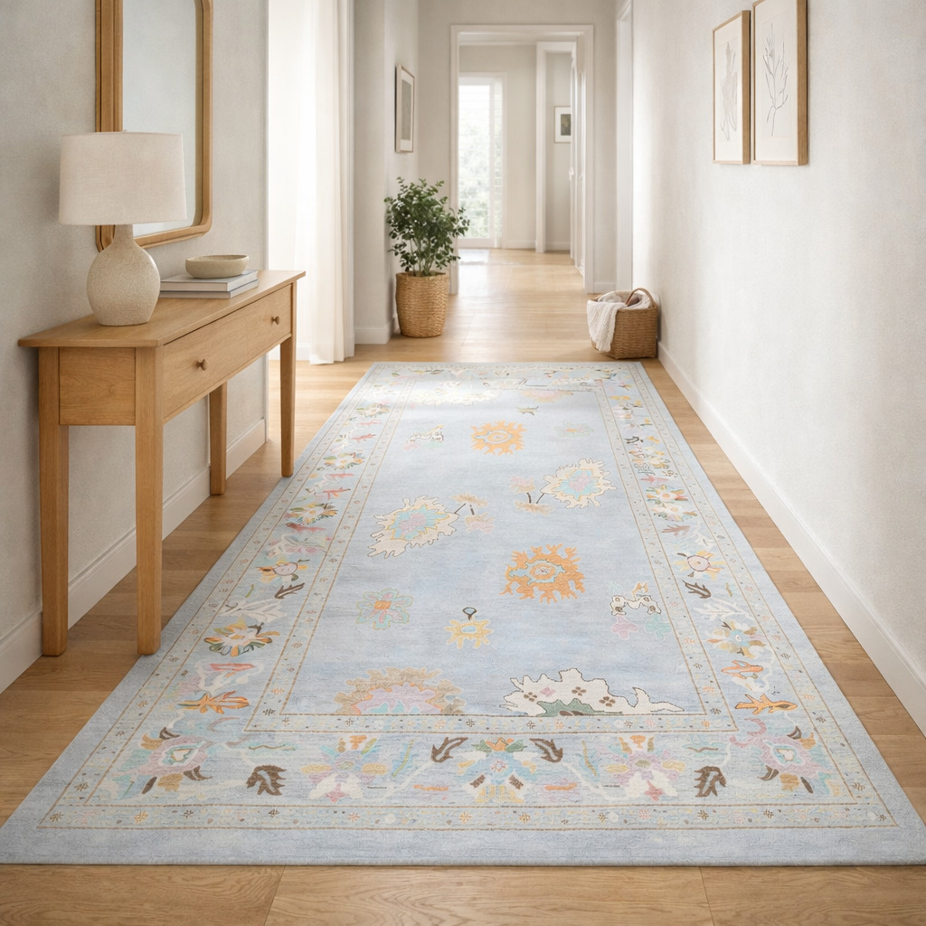 Oushak Knotted Area Rug Hand Knitted Light Blue Carpets in 5x7 6x10 8x11 9x12 Perfect for Kids and Living Room