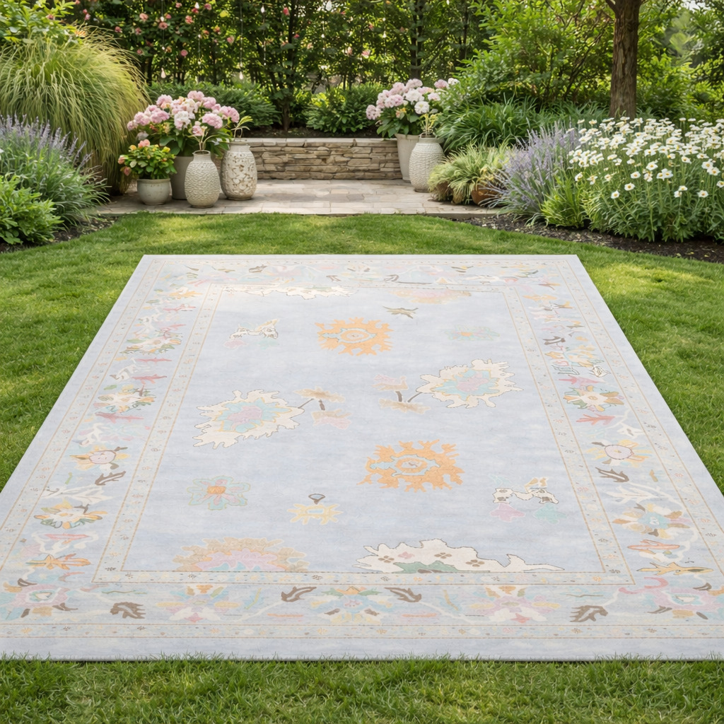 Oushak Knotted Area Rug Hand Knitted Light Blue Carpets in 5x7 6x10 8x11 9x12 Perfect for Kids and Living Room