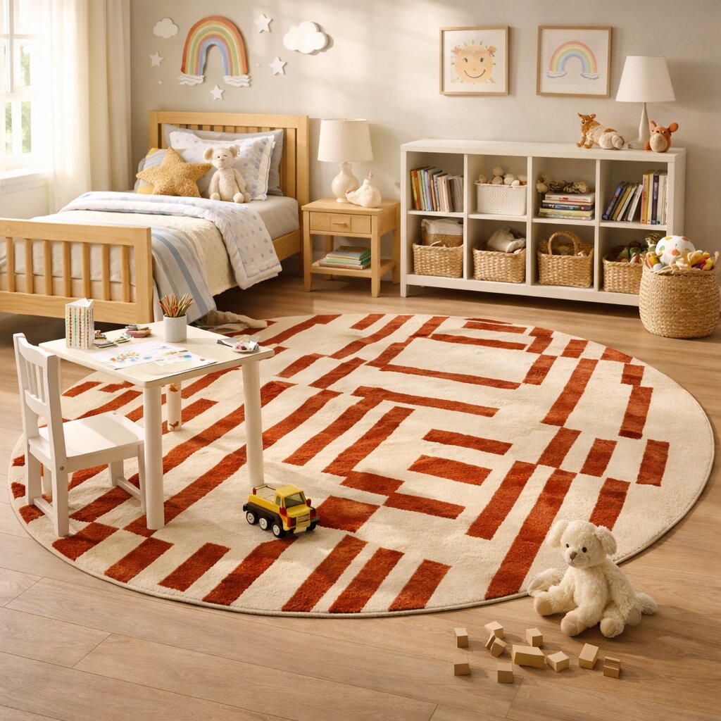 Round Tufted Red Line Ivory Design Rug for Bedroom and Living Space