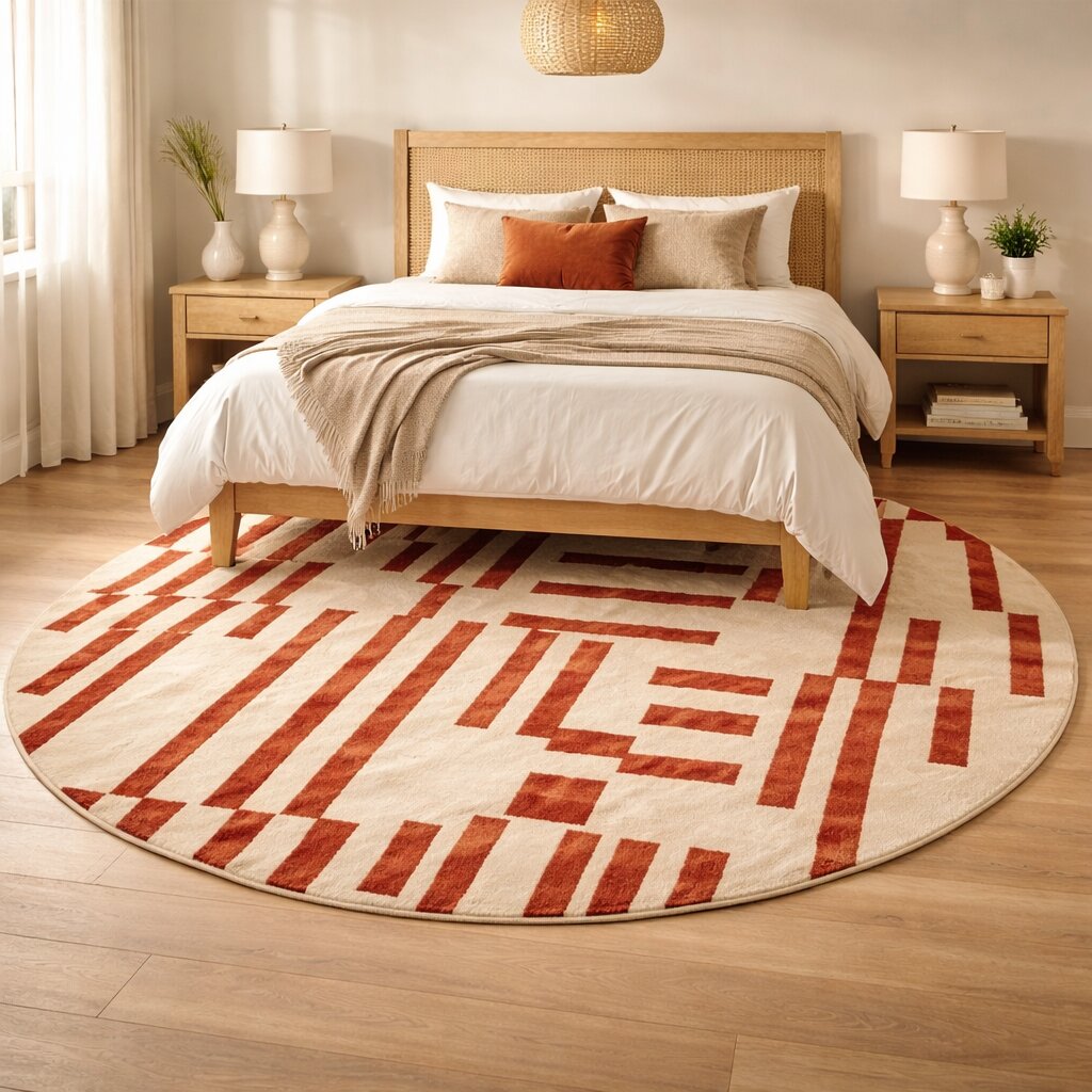 Round Tufted Red Line Ivory Design Rug for Bedroom and Living Space