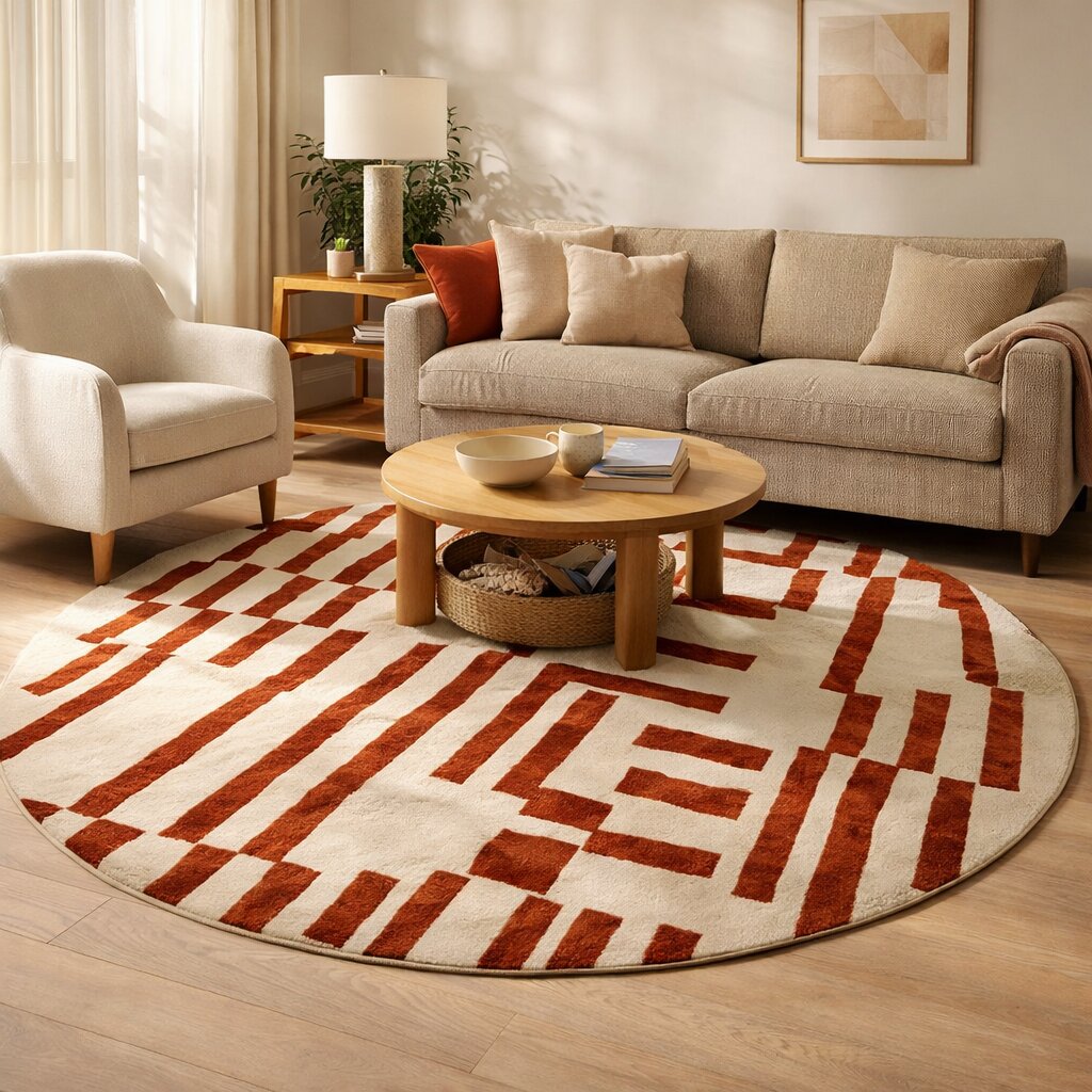 Round Tufted Red Line Ivory Design Rug for Bedroom and Living Space