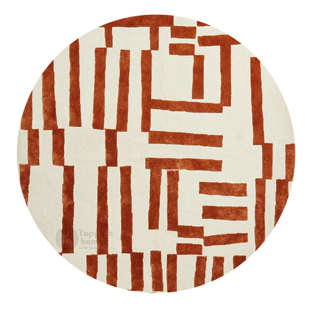 Image of Round Tufted Red Line Ivory Design Rug for Bedroom and Living Space