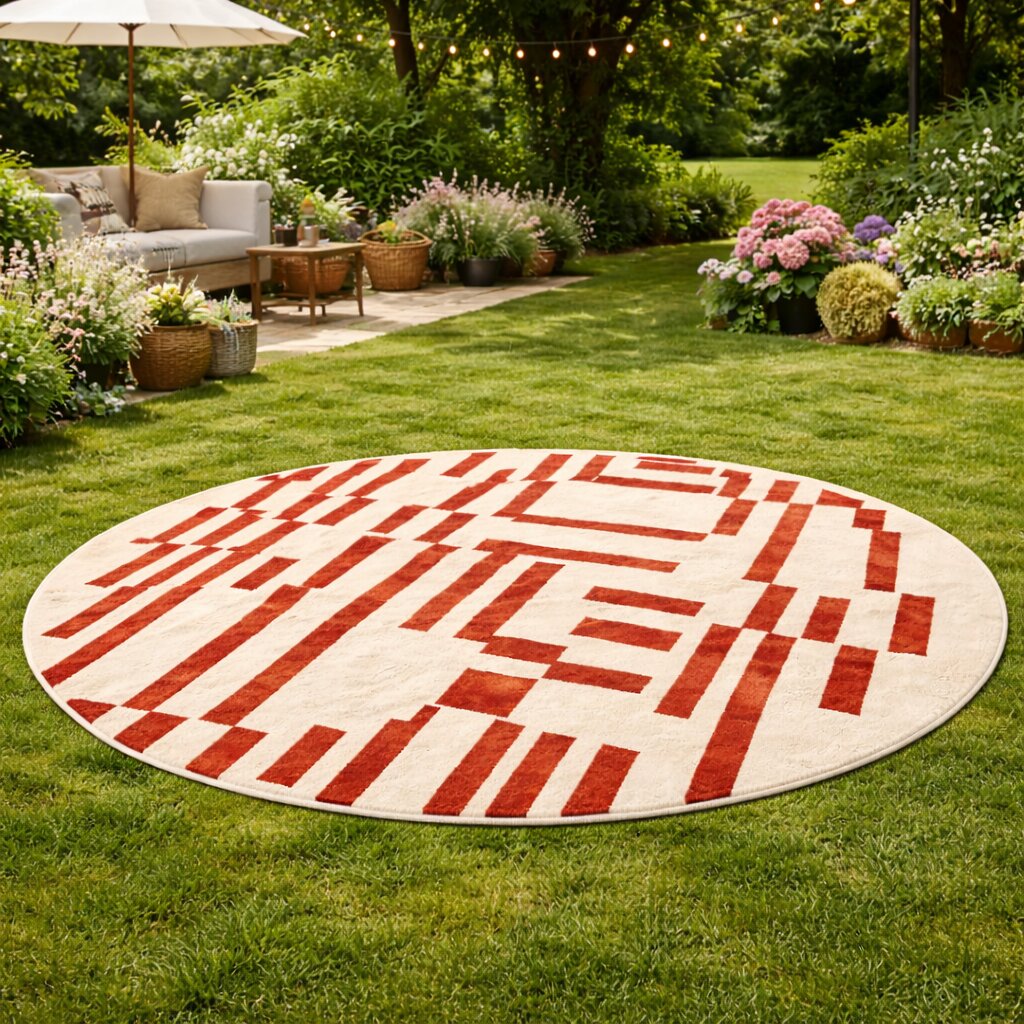 Round Tufted Red Line Ivory Design Rug for Bedroom and Living Space