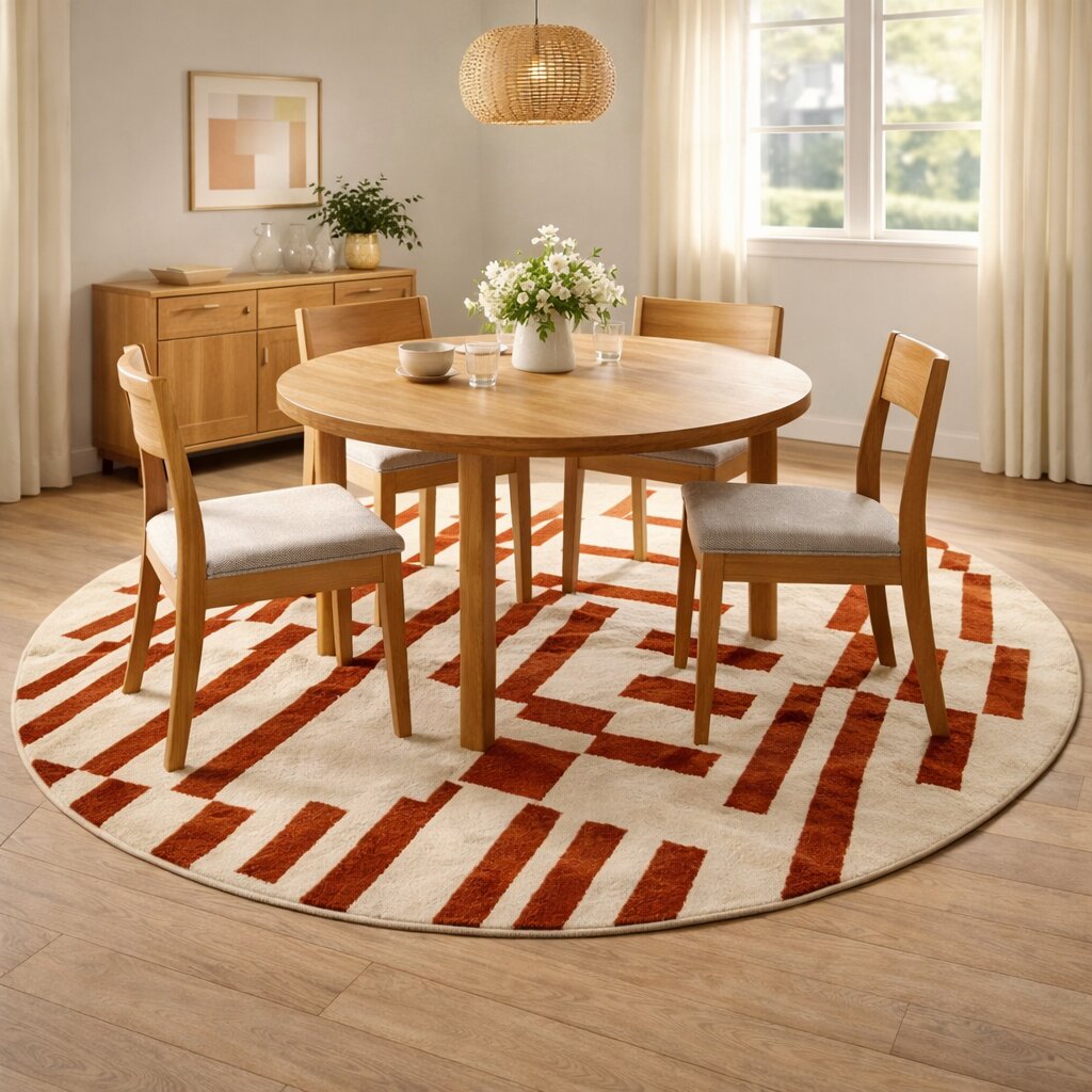 Round Tufted Red Line Ivory Design Rug for Bedroom and Living Space