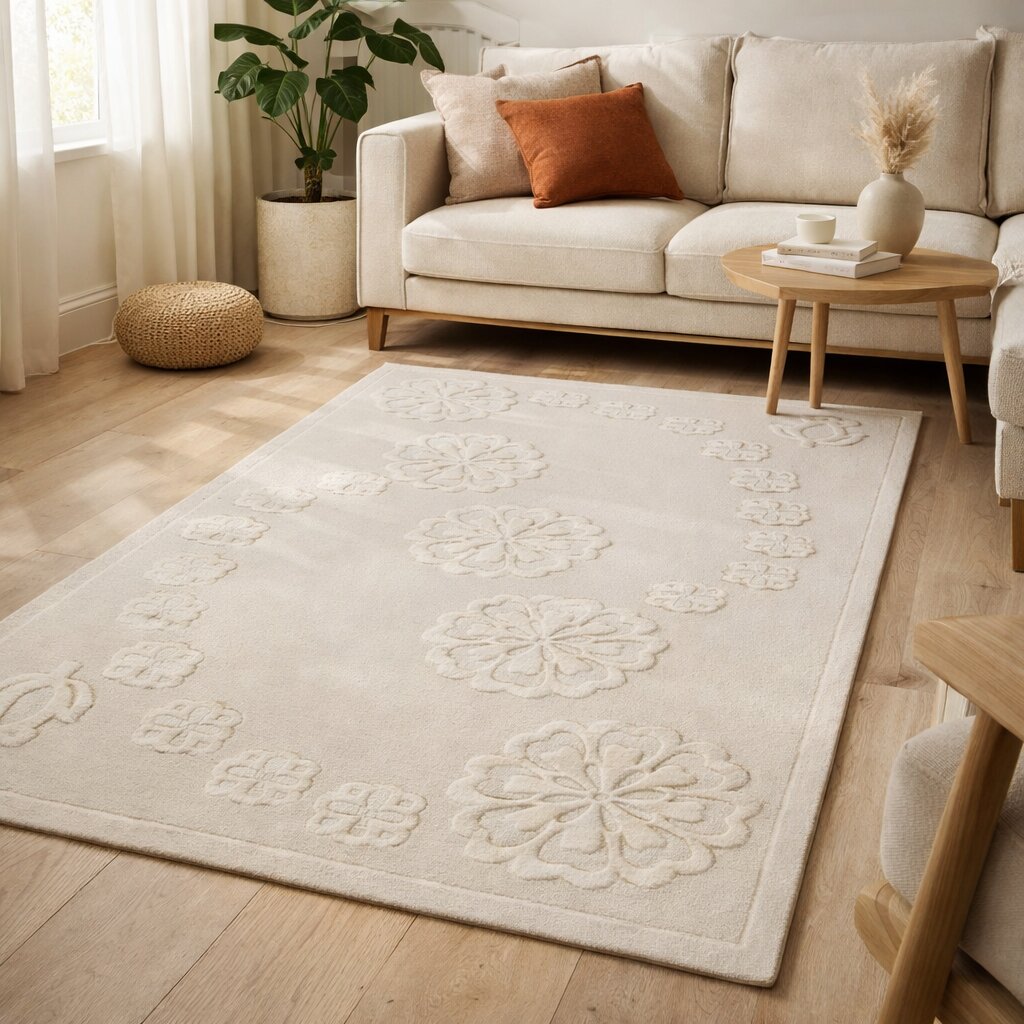 Tufted rug  White carpet  5x8 6x9 6x10 7x10  Bedroom Living room  Area rug  Geometric wool