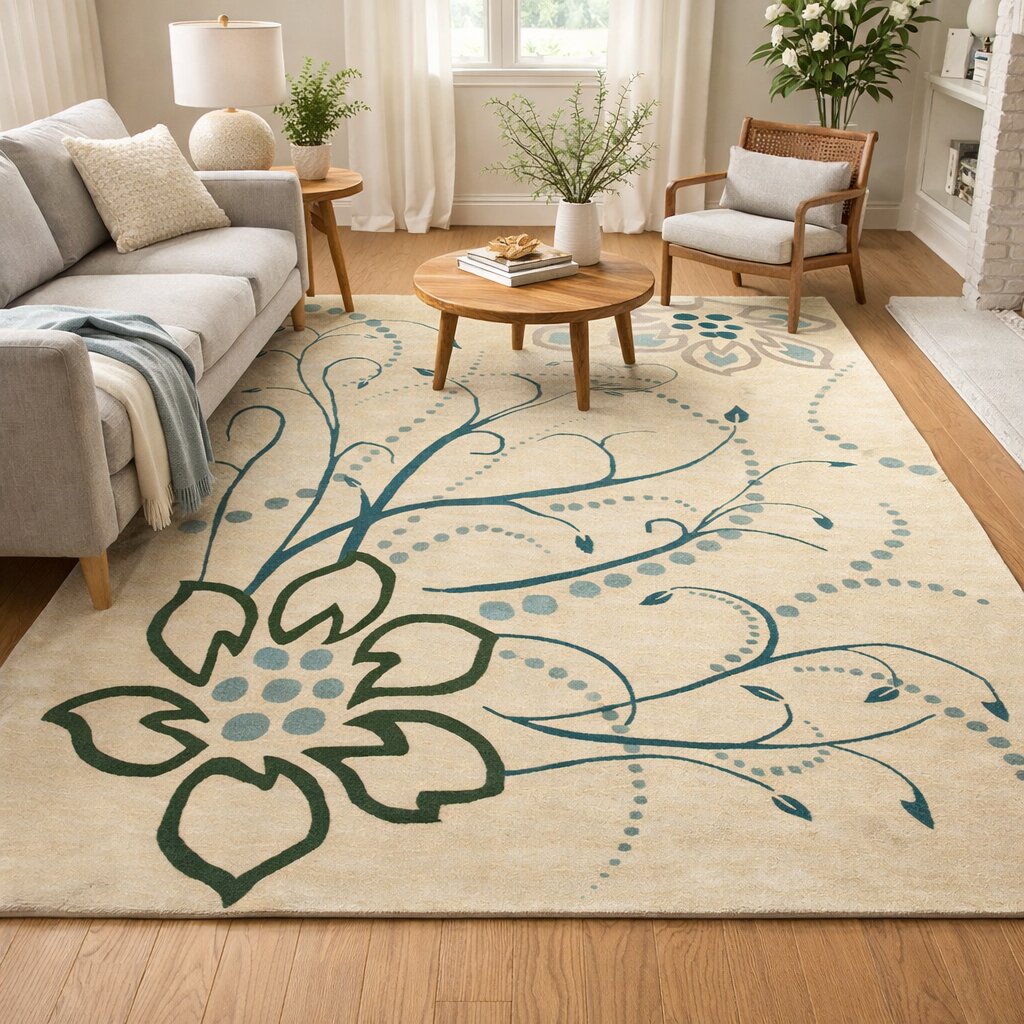 Tufted rug 5x8 Cream color 6x9 7x10 8x11 8x13 Bed Living room Hallway Wool area rugs Floral carpet