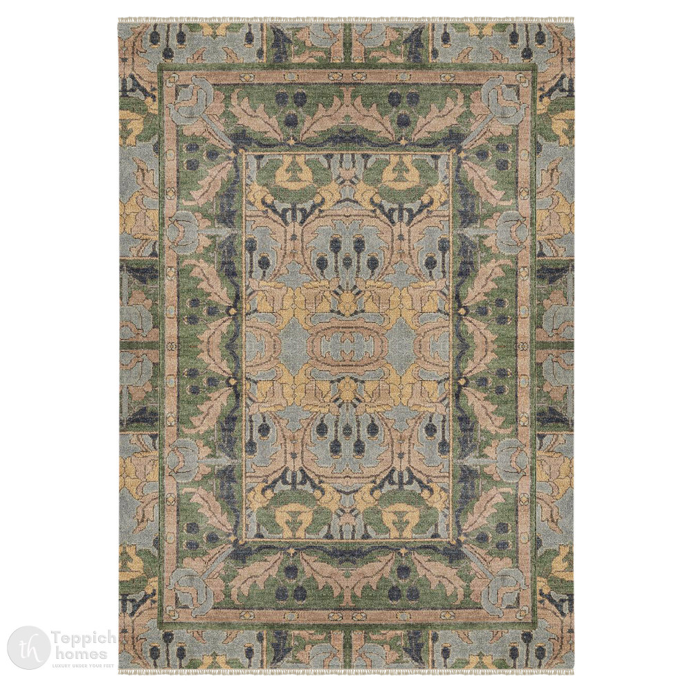 Image of Premium Hand Knotted Green Wool Area Rug, 6x10, 8x11, 9x10, 10x10 for Living Room and Hallway, High-Quality Carpet