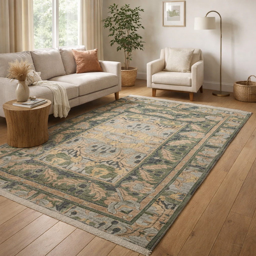 Premium Hand Knotted Green Wool Area Rug 6x10 8x11 9x10 10x10 for Living Room and Hallway High-Quality Carpet